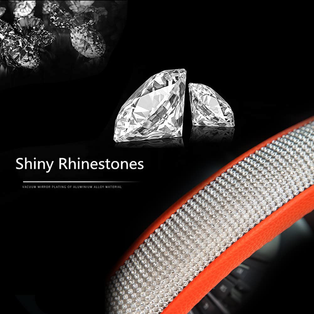 Diamond Leather Steering Wheel Cover with Bling Crystal Rhinestones - Universal Fit 15 Inch Car Wheel Protector for Women & Girls - Orange Luxury Car Accessory for Daily Driving & Gift Giving
