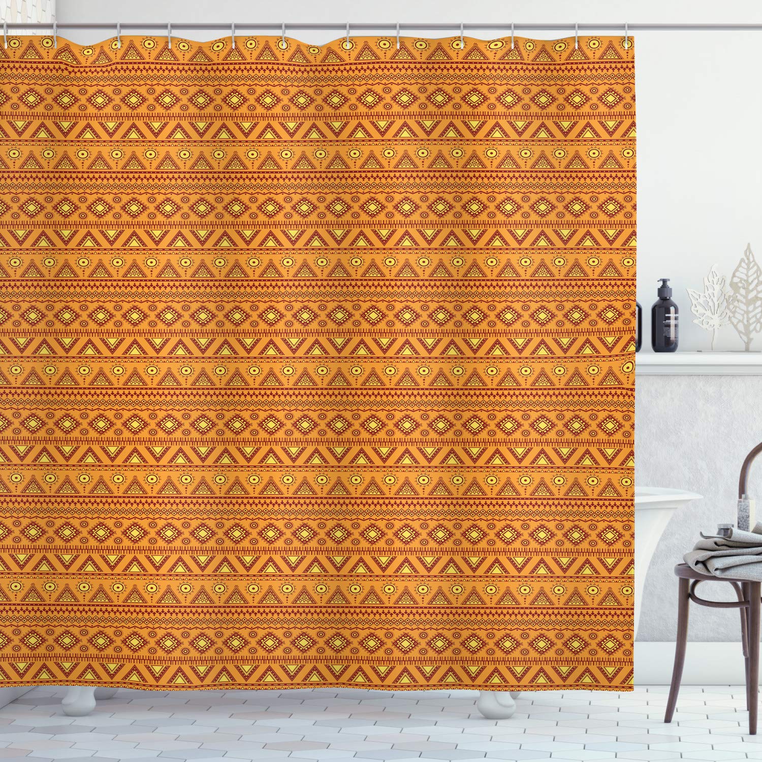 Ambesonne Aztec Shower Curtain - Folkloric Tribal Design with Geometric Triangle, Circle and Sun Patterns - 69x75 Inch Waterproof Bathroom Decor for Modern, Boho & Eclectic Homes