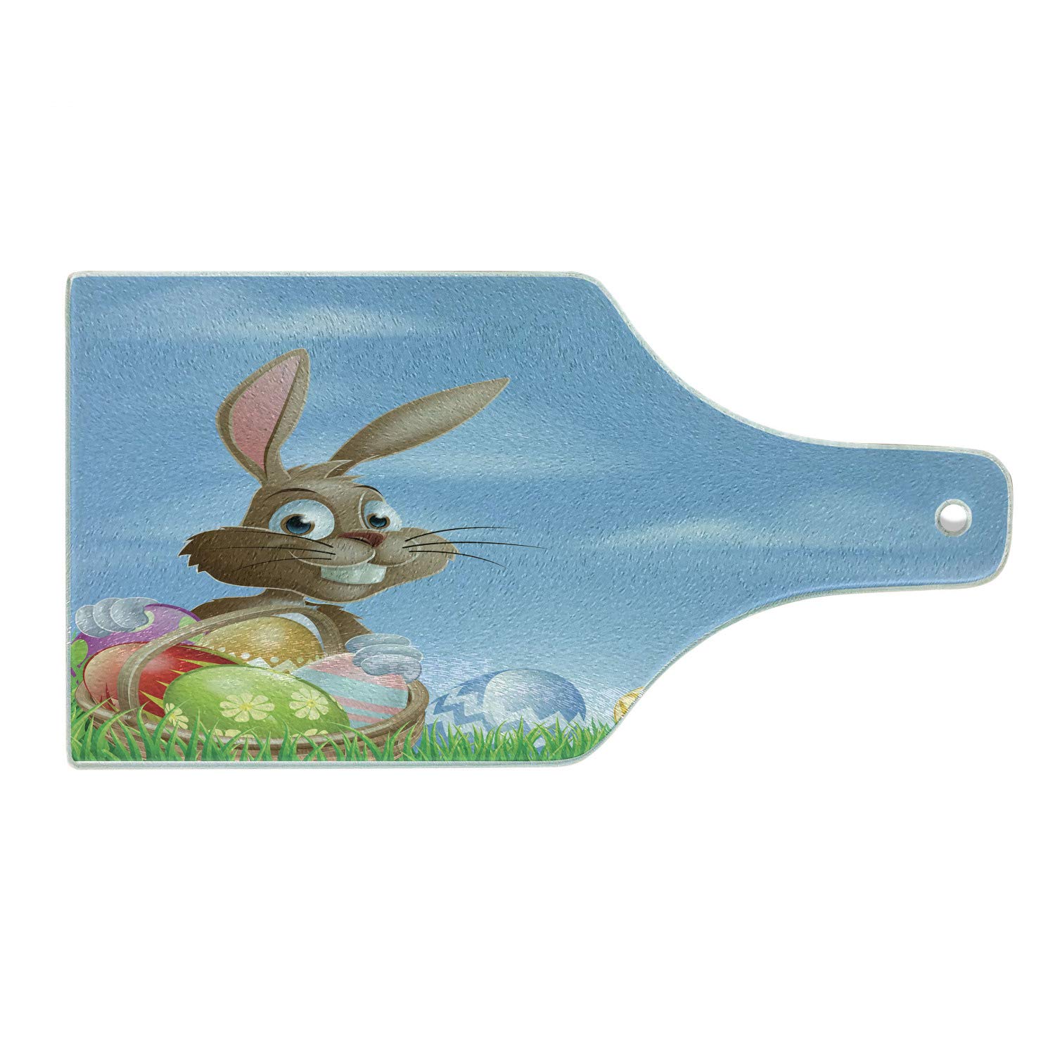 Ambesonne Easter Themed Cutting Board - Colorful Painted Easter Eggs with Dots, Chevron, Zigzags & Stripes in Basket Design - Bunny Cartoon Tempered Glass Serving Board (Wine Bottle Shape, Multicolor) - Perfect for Easter Decorations, Holiday Serving & Kitchen Gifts