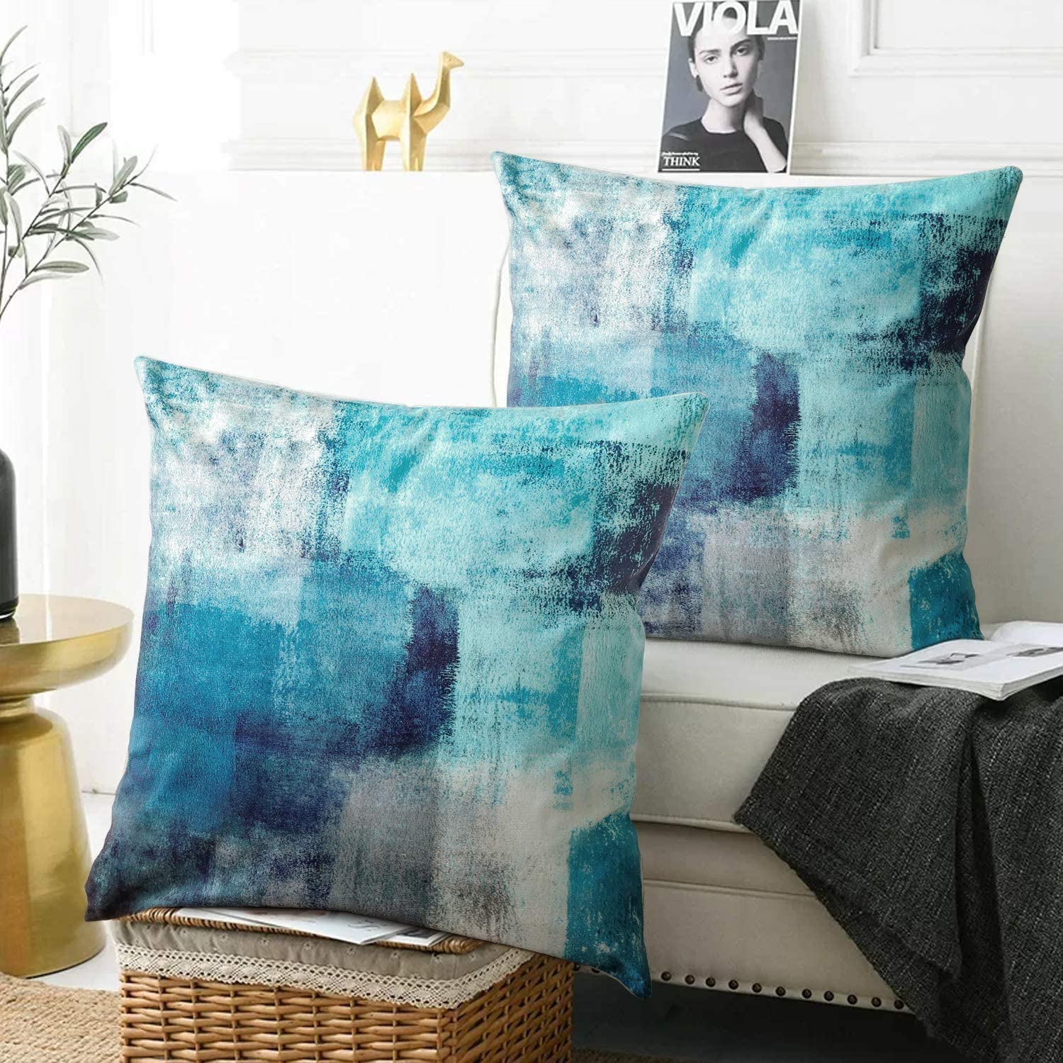 Turquoise Throw Pillow Covers 20x20 Inch - 2 Pack Square Decorative Pillow Cases for Sofa, Bed, Couch - Soft Farmhouse Home Decor Accent Pillows for Living Room, Bedroom & Porch
