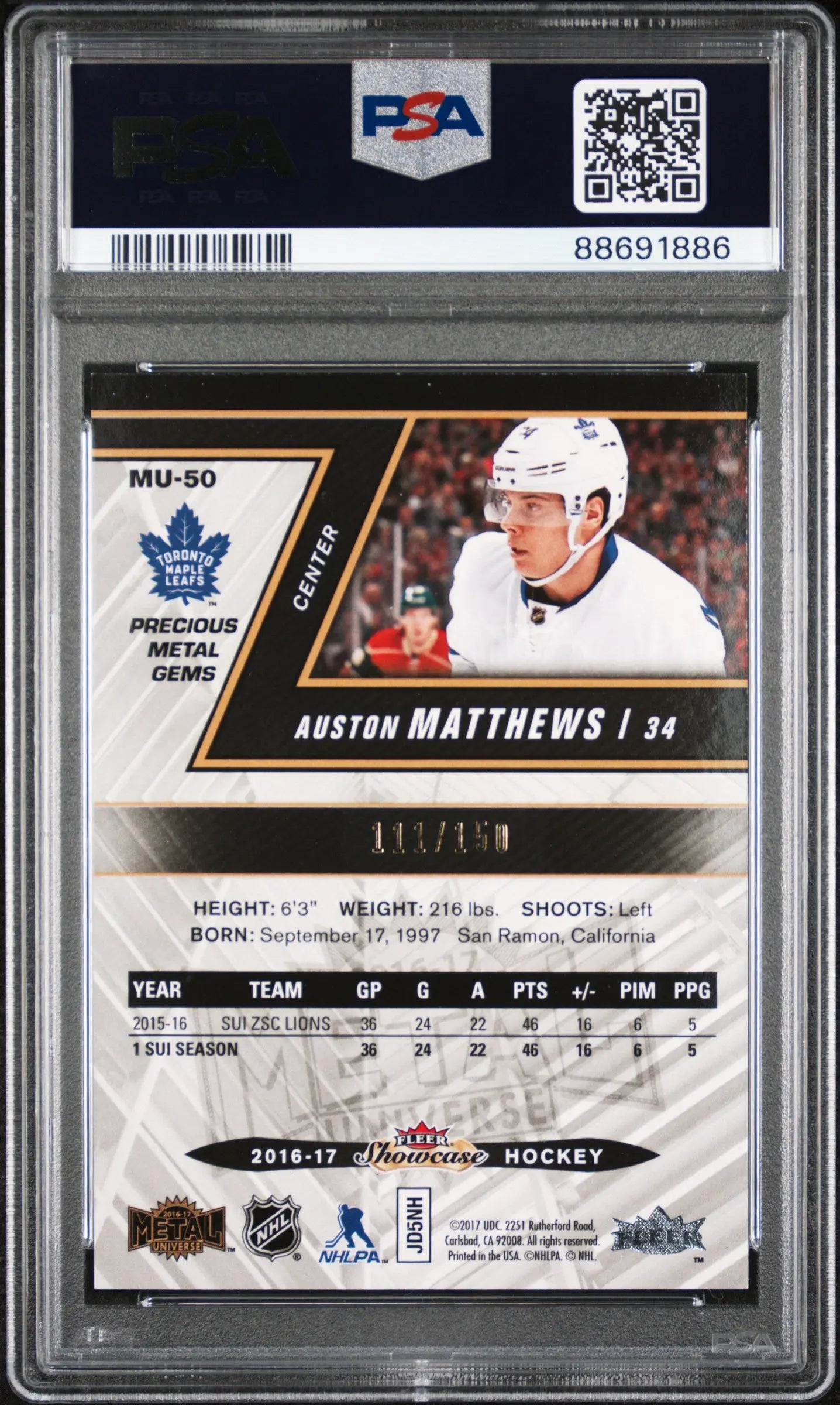 2016 Fleer Showcase Metal Universe PSA 9 Auston Matthews Red 111/150 #MU 50 Hockey Trading Card - Perfect for Collectors, Sports Memorabilia Displays & Investment Portfolios