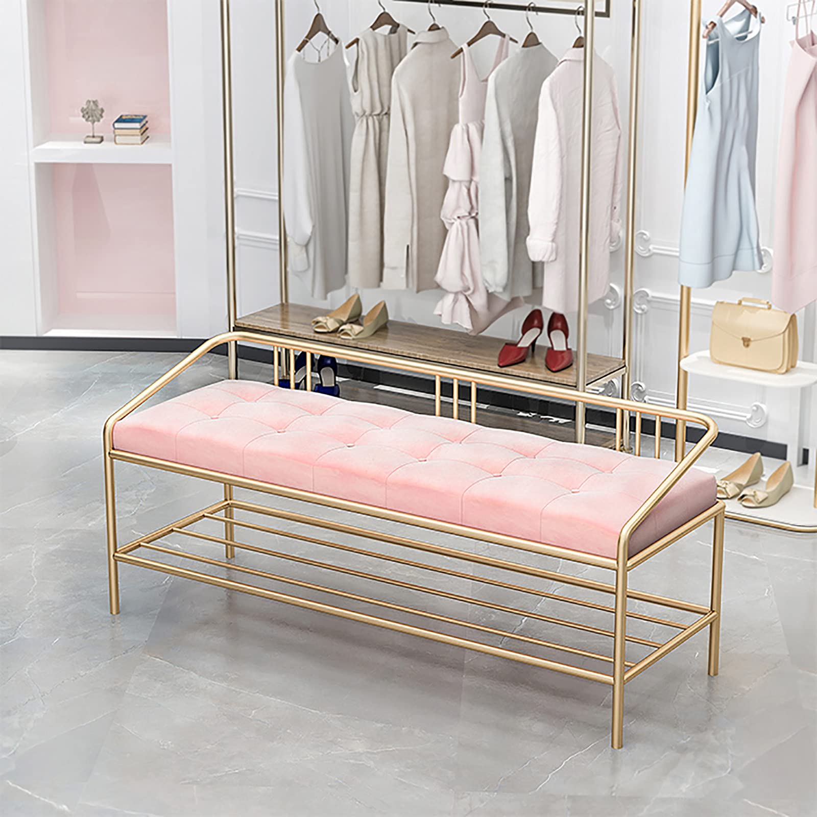 XIAOQIAO 80CM Shoe Storage Bench with Metal Frame & Soft Padded Seat - Gold Leg Entryway Shoe Rack Organizer for Living Room, Hallway, Bedroom - Perfect for Small Spaces & Home Organization