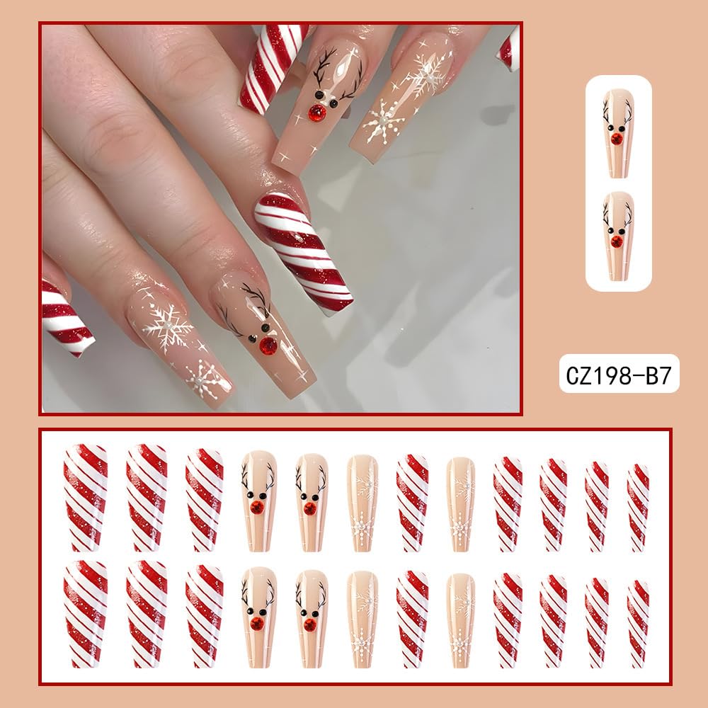 Christmas Press on Nails Long Coffin Fake Nails - Red White Swirl Snowflake Elk Design with Rhinestones & Glitter - 24Pcs Full Cover Acrylic Stick on False Nails for Women - Perfect for Holiday Parties, Gift Giving & Festive Manicures