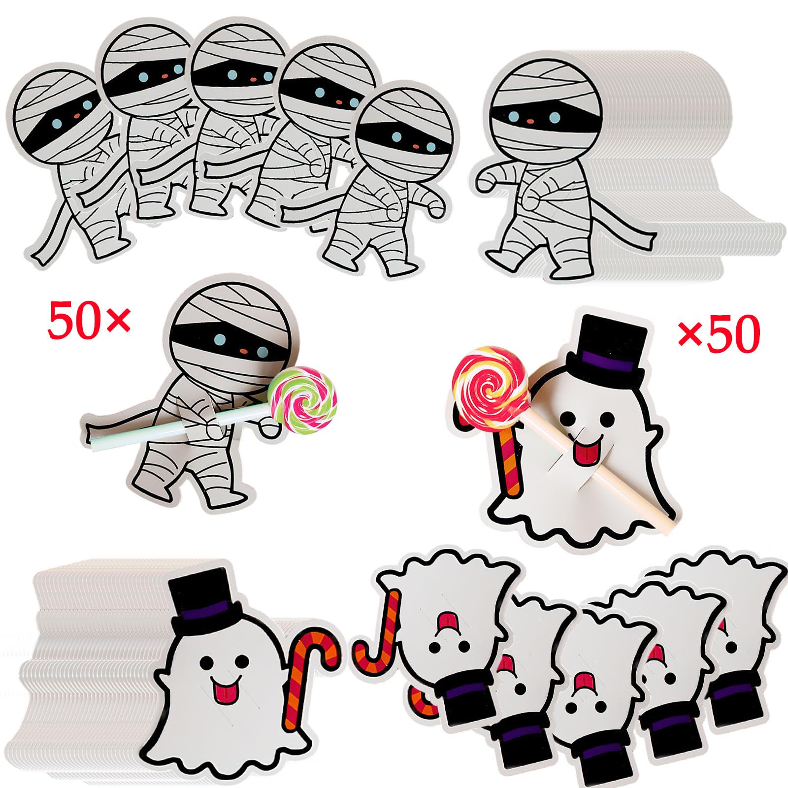 100Pcs Halloween Lollipop Wrappers - Cute Mummy Cartoon DIY Candy Wrapping Cards for Halloween Party Decorations, Trick or Treat Favors, Classroom Treats & Spooky Celebration Supplies