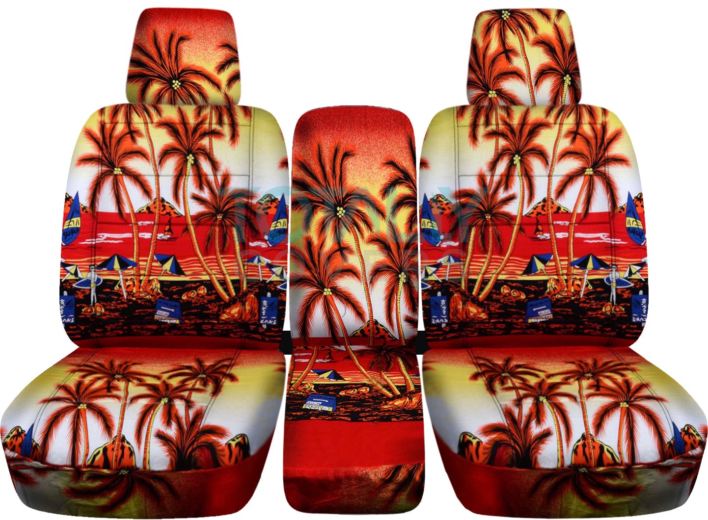 **2004-2008 Ford F-150 Hawaiian Truck Seat Covers - Red with Palm Tree Design - Front 40/20/40 Split Bench with Center Console & Armrest (Fits with/without Integrated Seat Belts) - Perfect for Beach Trips, Summer Drives & Tropical-Themed Customization**