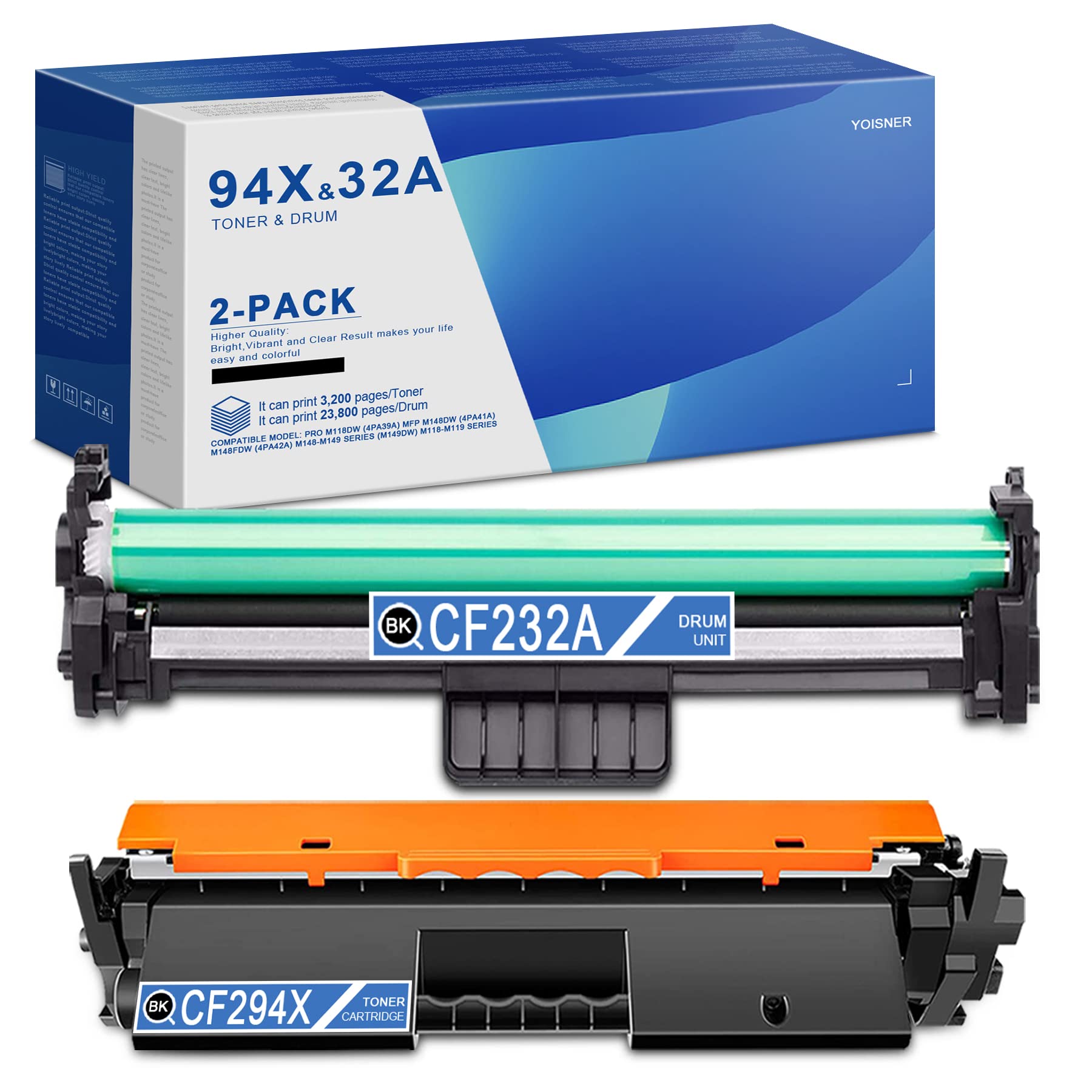 YOISNER 94X CF294X Toner & 32A CF232A Drum Black - Compatible Replacement for HP Pro M118dw MFP M148dw M148fdw M148-M149 M118-M119 Printers | 2-Pack (1 Toner + 1 Drum) | High-Yield Printing for Office & Home Use