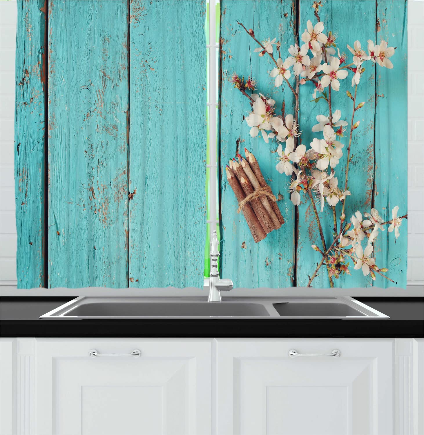 Ambesonne Almond Blossom Long Kitchen Curtains - Cherry Flowers & Color Pencils on Blue Rustic Background, 2 Panel Rod Pocket Drapes, 55