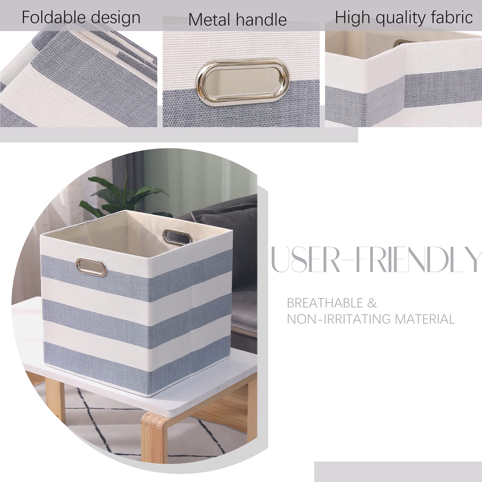 Foldable Fabric Cube Storage Bins 13x13 Inches with Handles - Set of 4 Collapsible Organization Baskets for Closet, Shelf, Cabinet & Bookcase - Large Capacity Drawer Organizers for Bedroom, Office & Kids Room - Grey-White Stripes (Perfect for Toy Storage, Laundry Sorting & Home Organization)