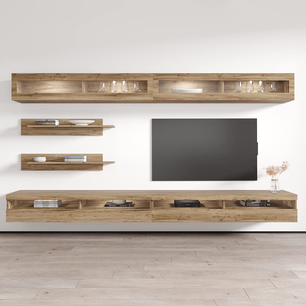 Modern Oak Wall-Mounted TV Stand with Storage Shelves & LED Lights - Floating Entertainment Center Console for Bedroom & Living Room - Perfect for Small Spaces & Home Theater Setups - Meble Furniture Fly I2 35TV Stand