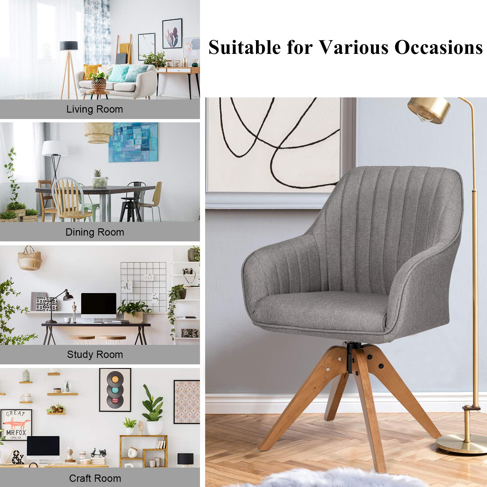 Giantex Stylish Swivel Home Office Chair - No Wheels Solid Wood Legs with Thick Felt Foot Pads - Fabric Dining Armchair & Accent Chair for Small Spaces - Perfect for Home Office, Living Room, Study Desk & Cozy Reading Nook