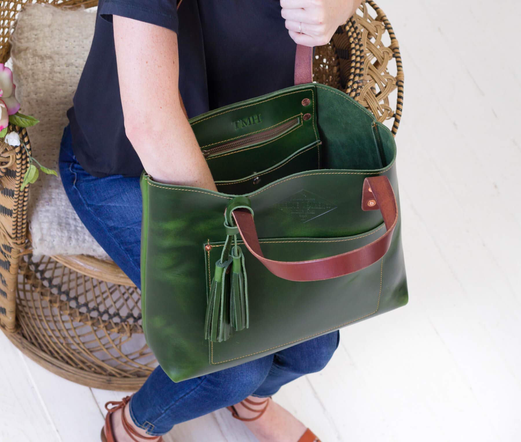 Green Leather Tote Bag for Women - Stylish Diaper & Laptop Bag
