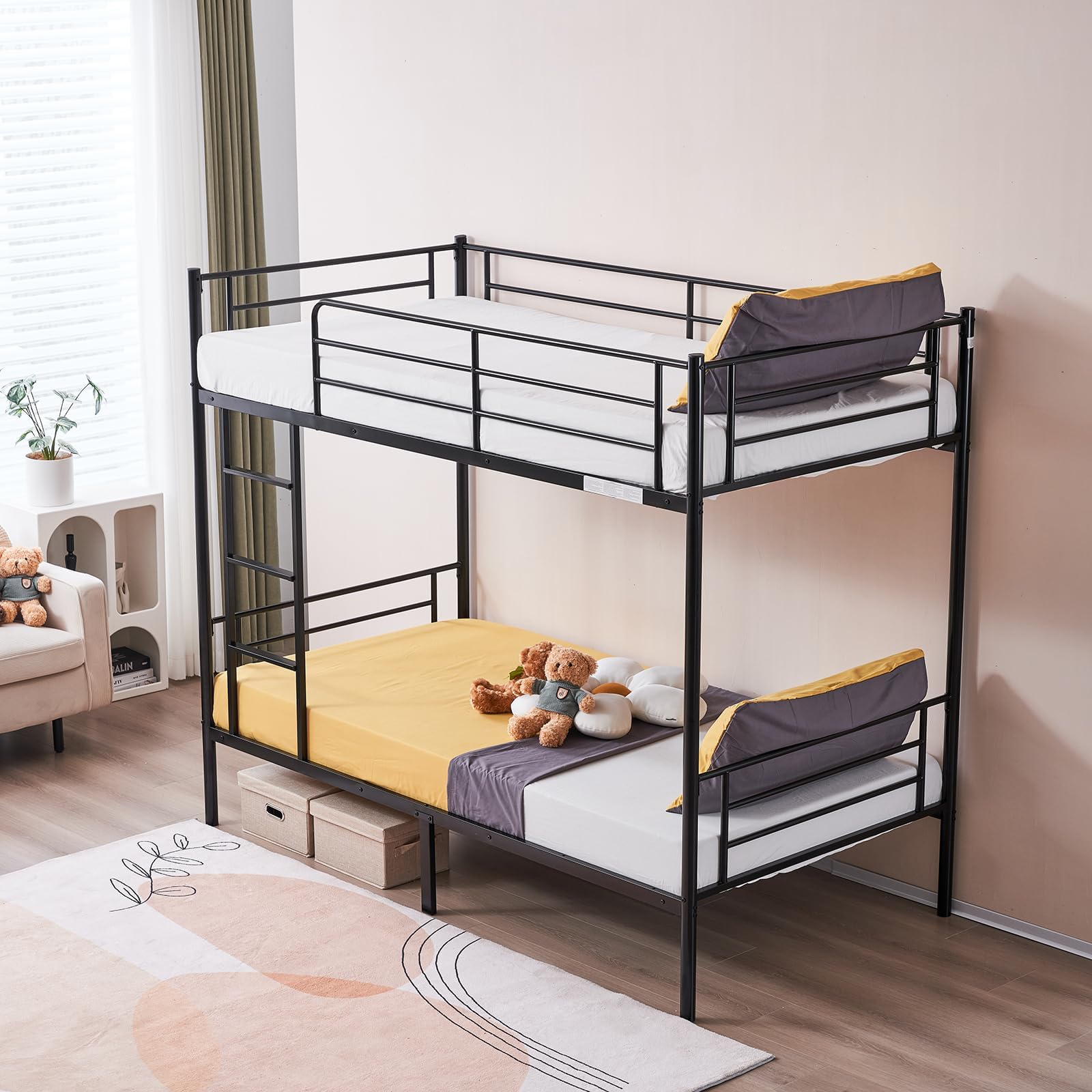 Karl Home Black Twin Over Twin Metal Bunk Bed with Built-in Ladder & Safety Guardrail - Space Saving Bunk Bed for Kids, Teens & Adults (No Box Spring Needed) - Perfect for Small Bedrooms, Dorms & Guest Rooms