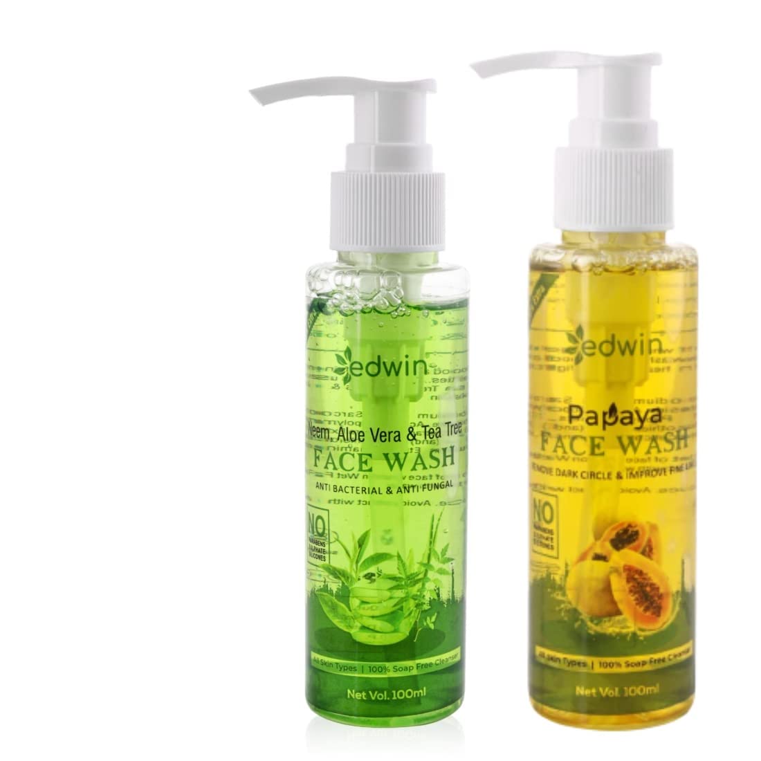 Edwin Combo Neem, Aloe Vera, Tea Tree & Papaya Face Wash (Pack of 2) - Deep Cleansing for Acne, Oily & Sensitive Skin - Perfect for Daily Skincare Routine & Travel