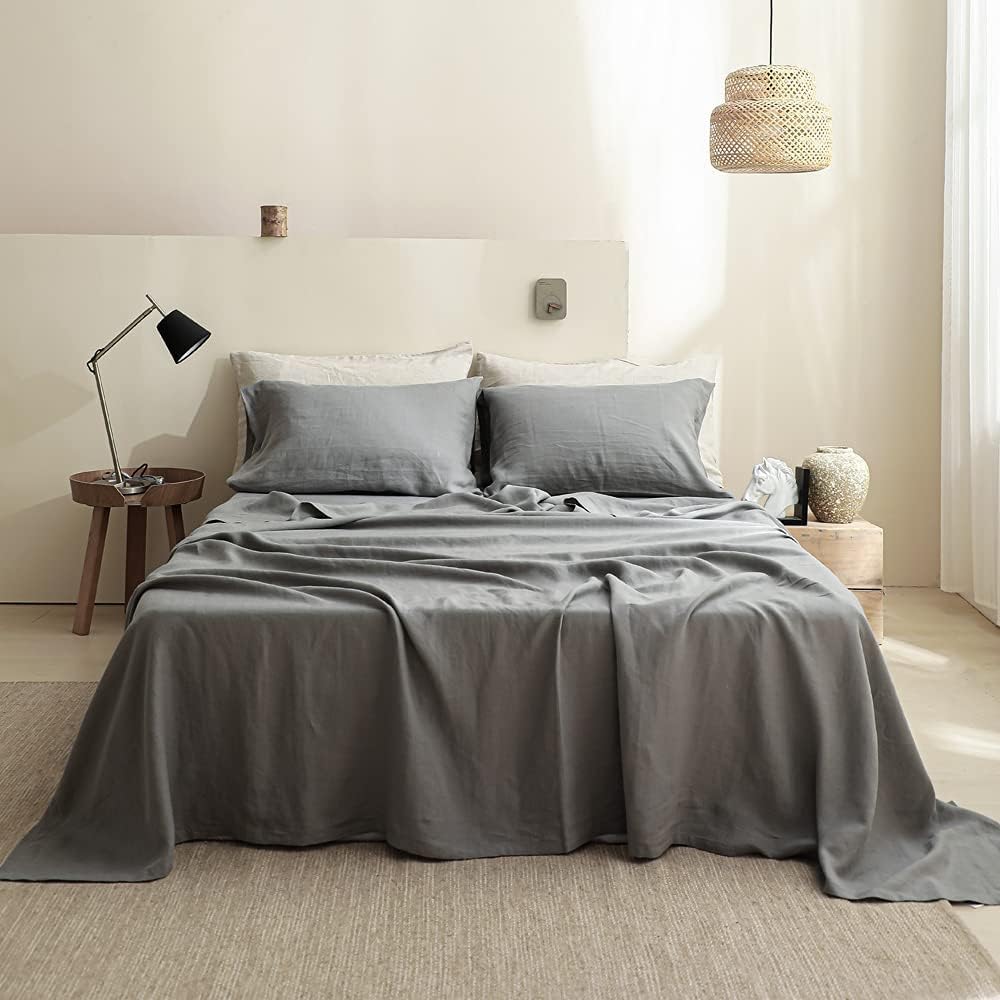 Premium 100% French Linen Sheet Set King Size - 4 Piece Breathable & Durable All-Season Bedding - Natural Grey Luxury Bed Sheets for Comfortable Sleep - Perfect for Master Bedroom, Guest Room & Vacation Homes