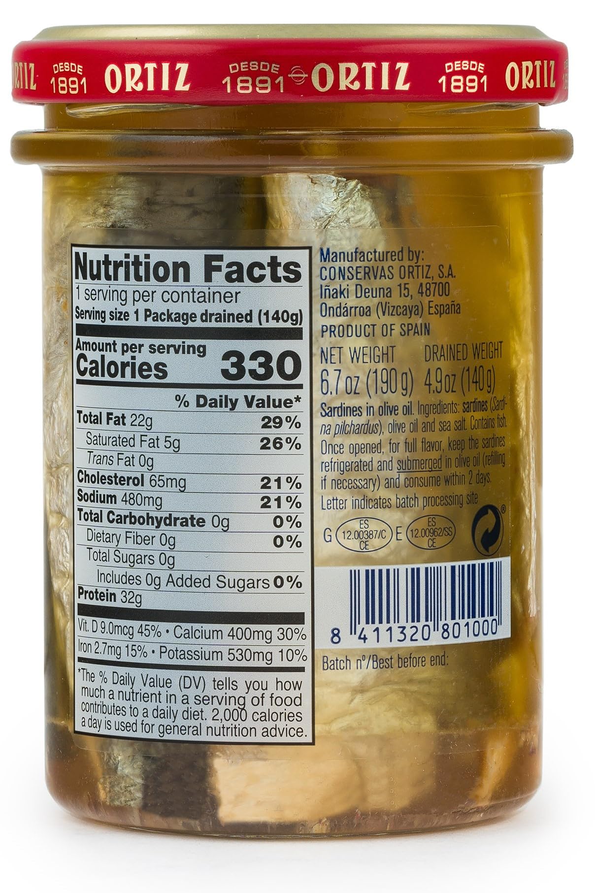 Premium Ortiz Sardines A la Antigua - Wild Caught in Spain, Hand-Packed in Extra Virgin Olive Oil | Moist & Tender | Perfect for Salads, Sandwiches, Toast & Charcuterie Boards | 6.7oz Jar (Pack of 1)