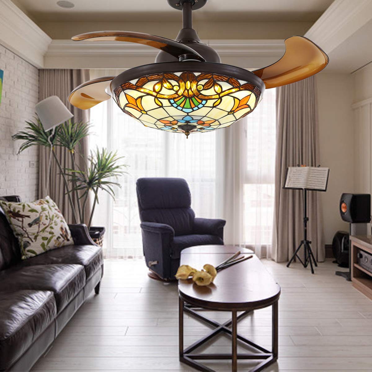 Moooni 36 Inch Mediterranean Style Ceiling Fan with Light Kit & Remote Control - Tiffany Style Fandelier with Retractable Blades - Dimmable LED Indoor Ceiling Fan in Brown - Perfect for Living Room, Bedroom, and Dining Room