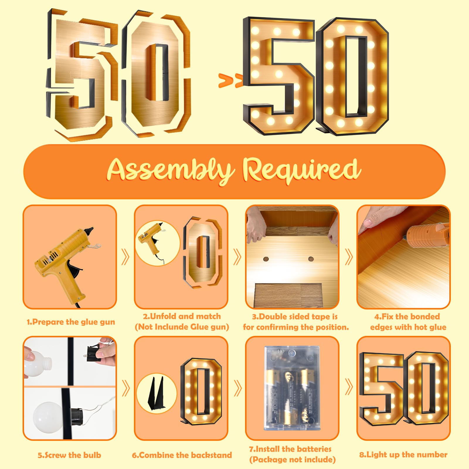 4FT Black & Gold Giant Marquee Light Up Number 50 - DIY Pre-Cut Foam Board Kit for 50th Birthday Decorations, Party Backdrops & Anniversary Celebrations | Perfect for Milestone Events, Photo Booths & Nighttime Illumination