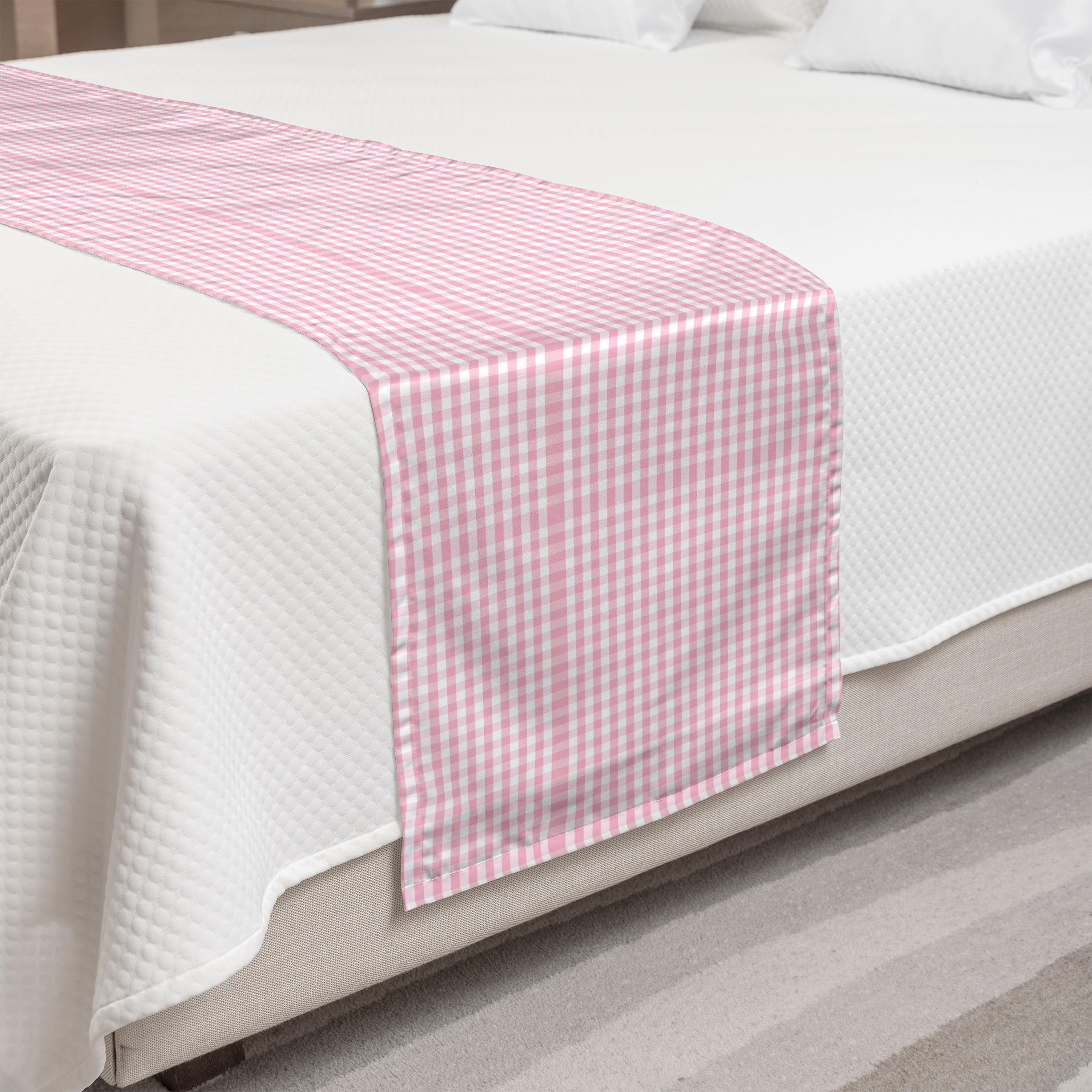 Ambesonne Gingham Check Picnic Bed Runner - Buffalo Plaid Squares Design - Decorative Bed Scarf for Queen Beds - Pale Pink & White - Perfect for Hotels, Homes, Guest Rooms & Outdoor Picnics
