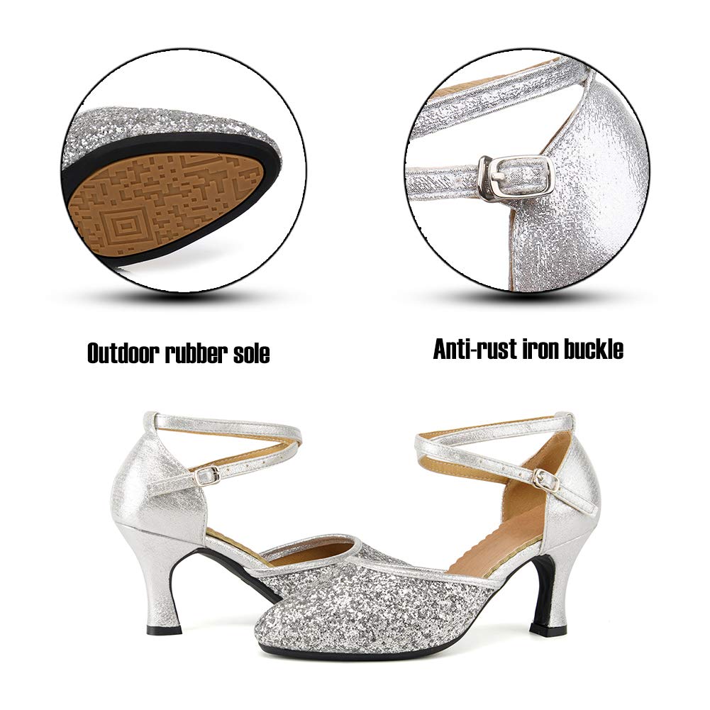 SWDZM Women's Glitter Latin Dance Shoes - Closed Toe Ballroom Salsa Heels for Party & Performance (Perfect for Weddings, Performances & Social Dancing)