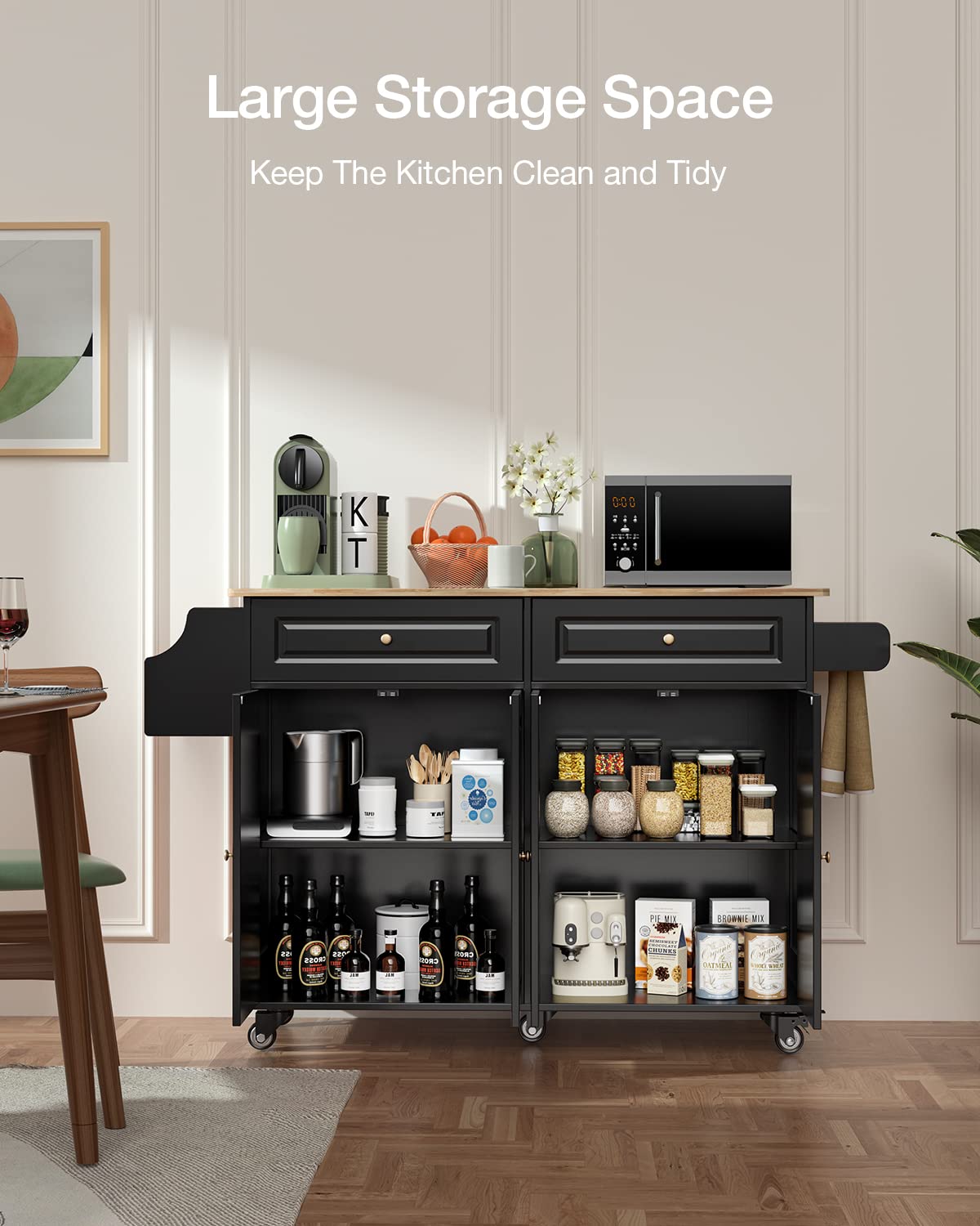 Kitchen Island with Storage & Side Rack - 5-Wheel Mobile Kitchen Cart with Durable Rubber Wood Top (Black) - Perfect for Small Kitchens, Food Prep, and Extra Counter Space