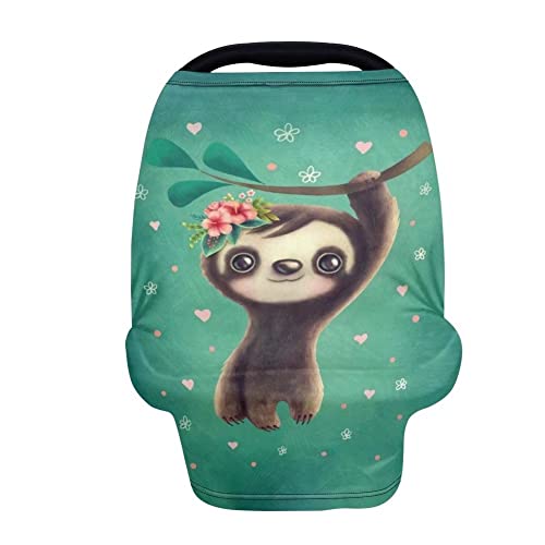 AFPANQZ Stretchy Baby Car Seat Cover - Breathable Nursing & Breastfeeding Cover for Infant Car Seat, Stroller, Multi-Use Canopy - Cartoon Sloth Design in Green - Perfect for Travel, Shopping & Outdoor Activities