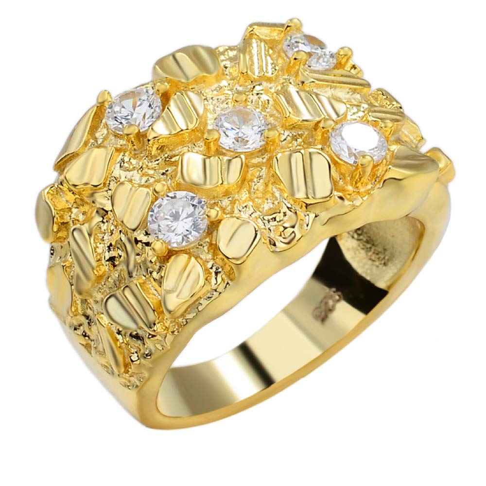 14K Gold Plated 925 Sterling Silver Men's Iced Nugget Ring - Pinky or Ring Finger Statement Jewelry - Sizes 7-13 - Perfect for Gifts, Parties & Everyday Wear