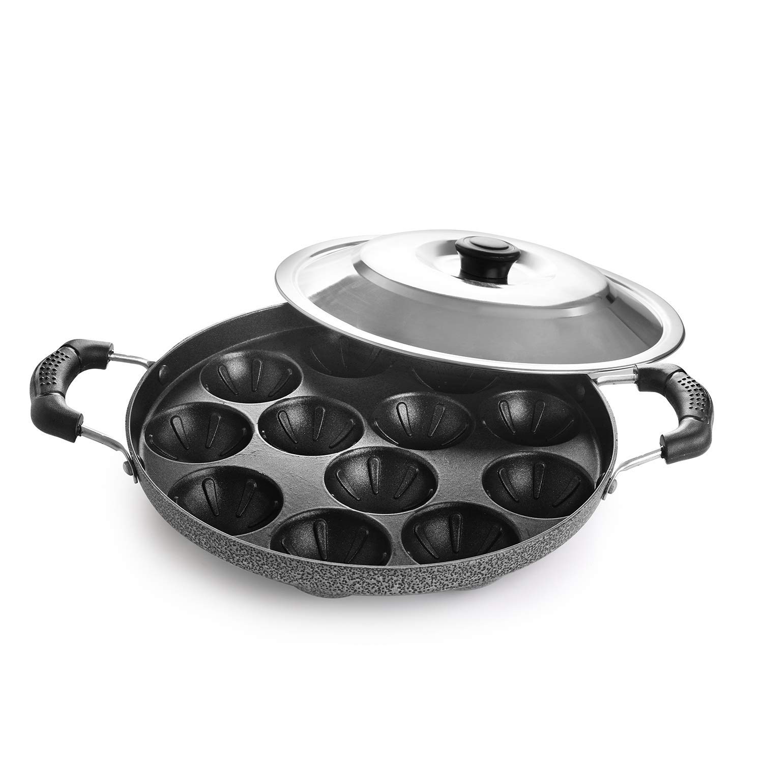 Non-Stick 12-Cavity Appam Maker Pan with Lid - Perfect for Making Appam, Appe, and Paniyaram - Ideal for Indian Breakfast and Snacks at Home