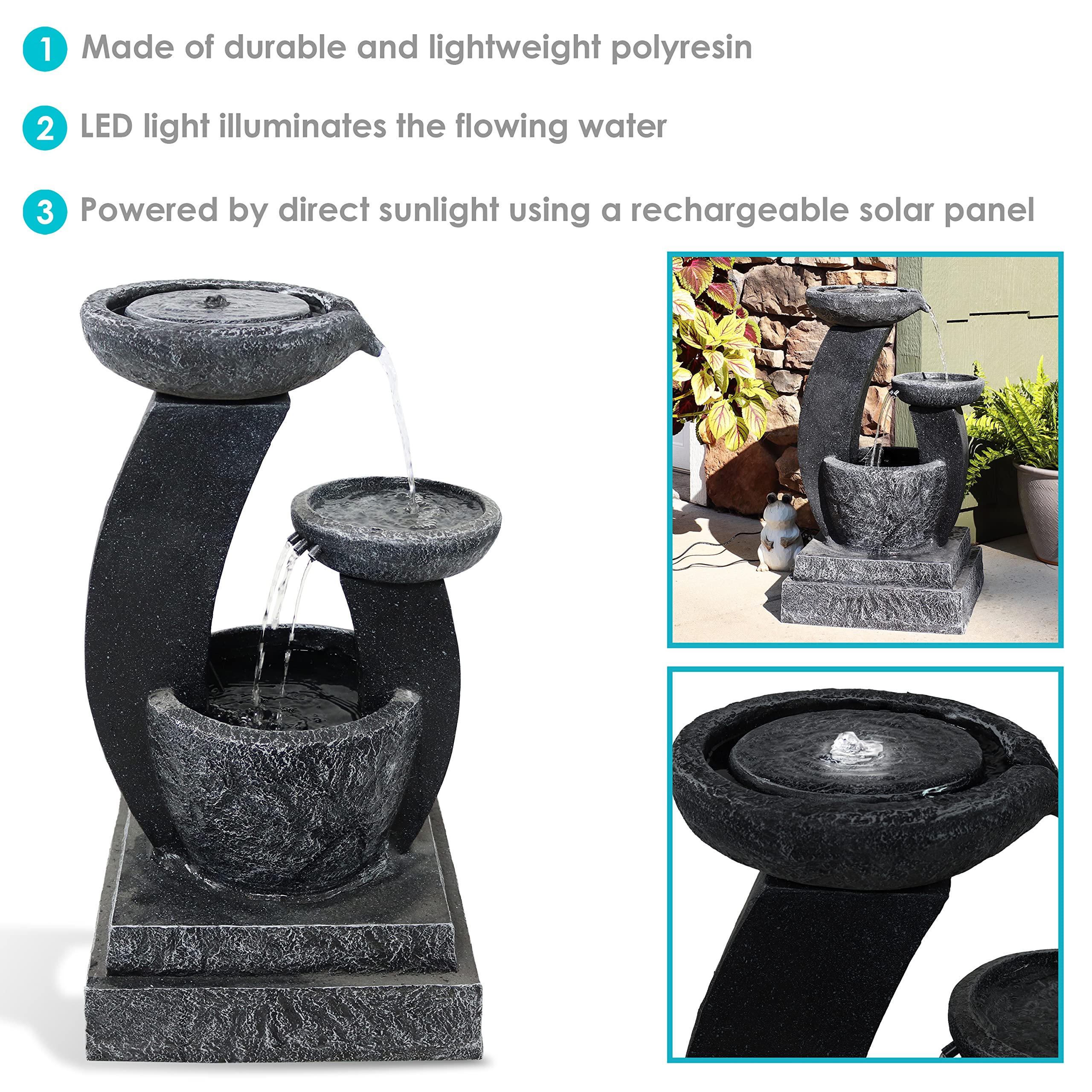 Sunnydaze 28-Inch Modern Solar Water Fountain with Cascading Bowls, Battery Backup & LED Lights - Outdoor Garden Decor, Patio, Yard Feature with Submersible Pump for Relaxing Ambience