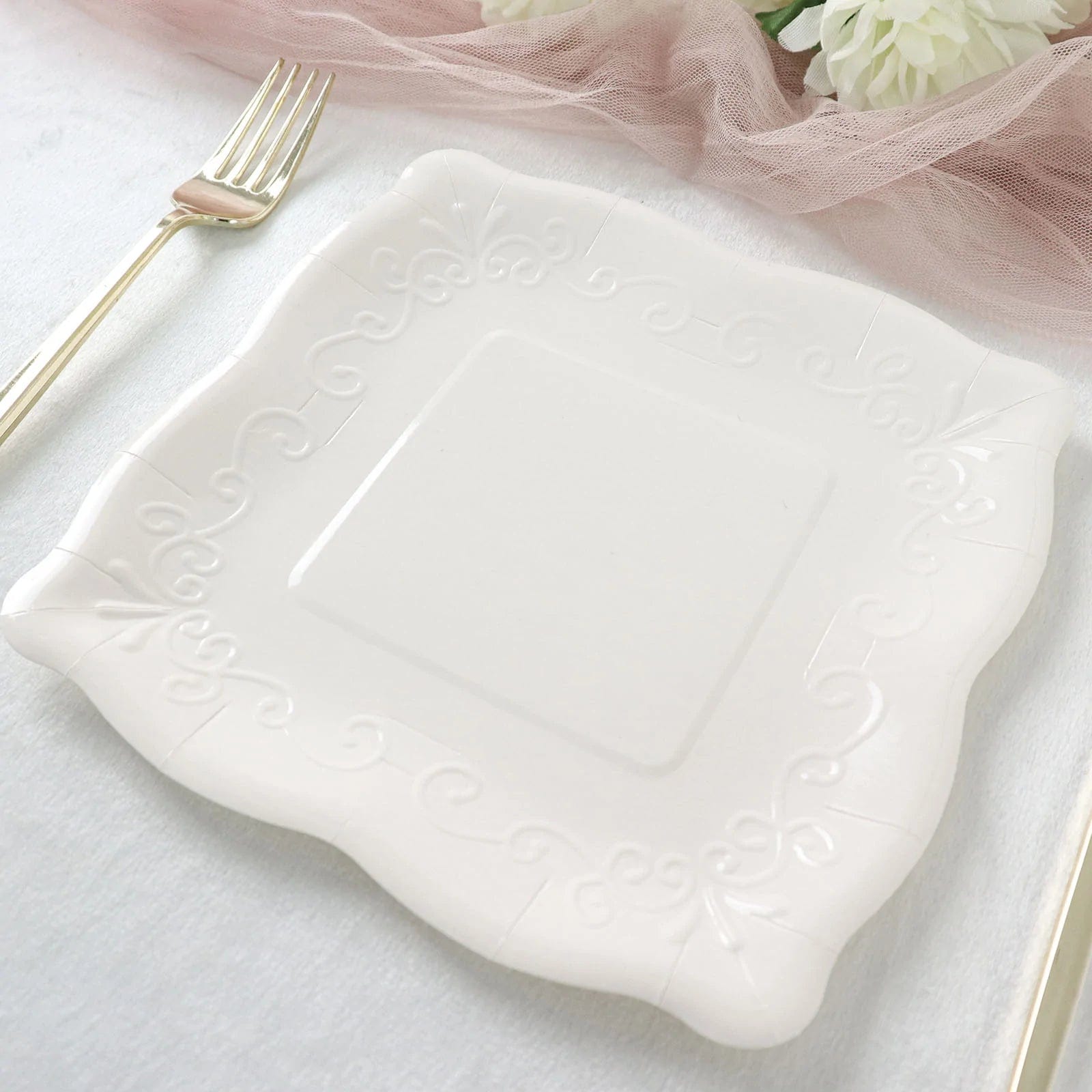 25 Pack Square Disposable Dessert Plates with Elegant Scroll Design - Perfect for Parties, Weddings, and Dinner Events