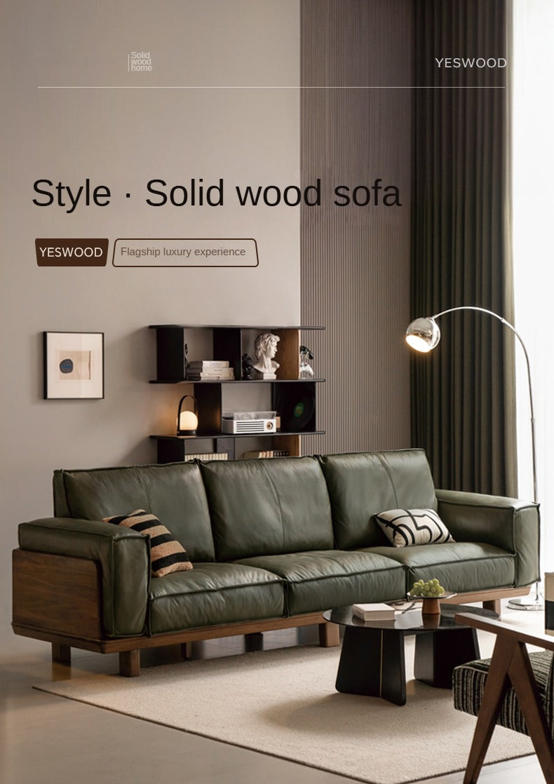 Premium Black Walnut Solid Wood Leather Sofa - Handcrafted Luxury Sofa for Living Room, Office & Lounge - Durable & Stylish Modern Furniture for Home Decor