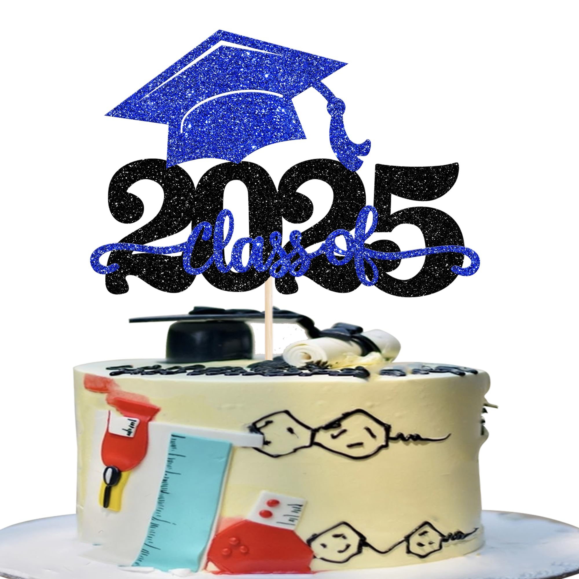2025 Graduation Cake Topper - Glitter Congrats Grad Cap Cake Pick for Class of 2025 | High School Graduation Party Decorations (Black & Blue) | Perfect for Graduation Cakes, Cupcakes & Dessert Tables