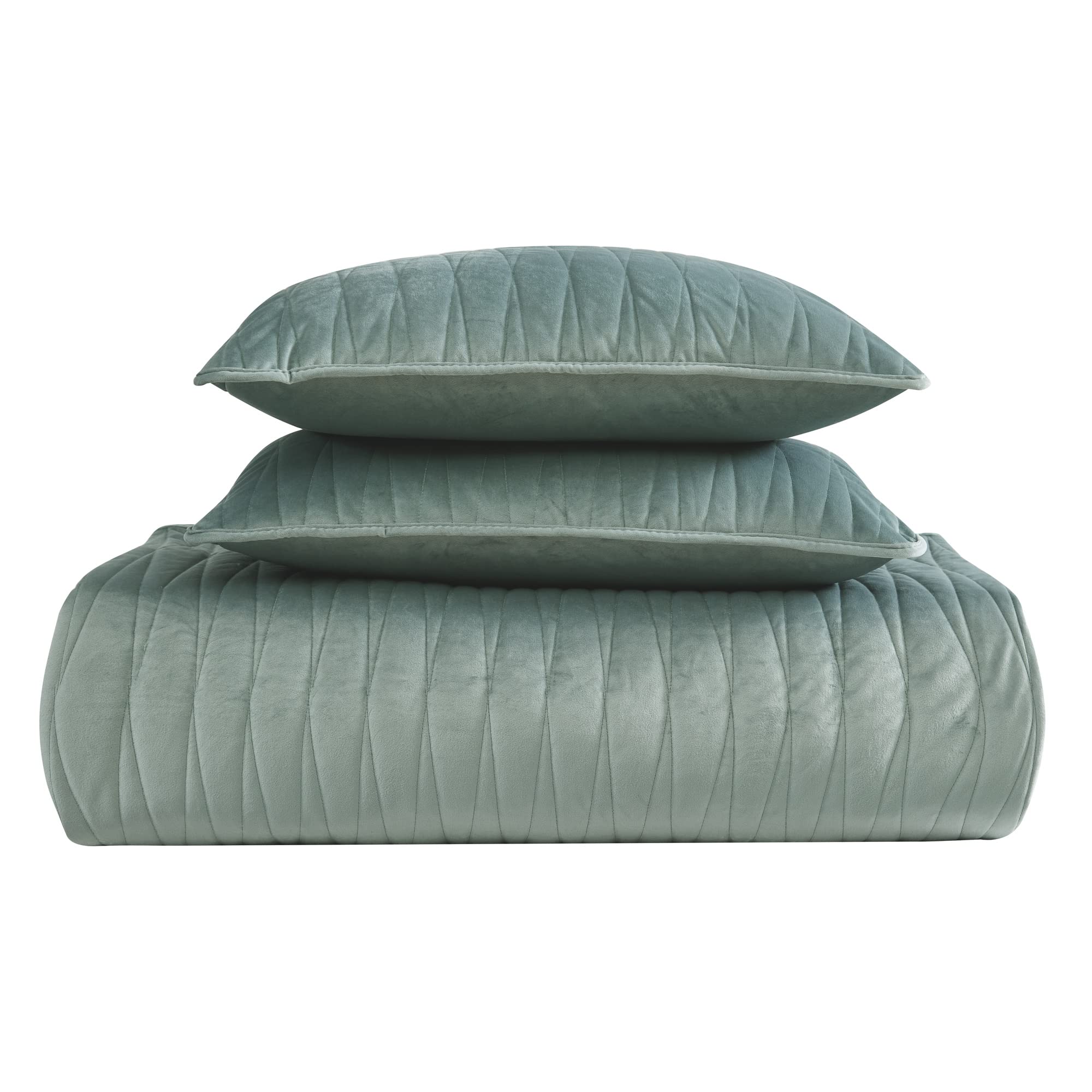 Brielle Home Premium Heavy Velvet Quilt Set with Cotton Backing - Full/Queen Size Seafoam Green - Luxurious Bedding for Master Bedroom, Guest Room & Cozy Winter Nights