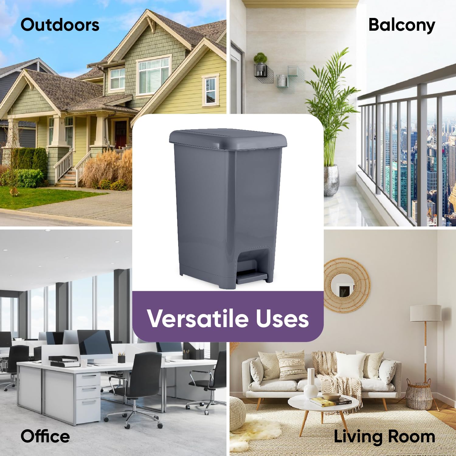 Premium 6.5 Gallon Slim Step-On Trash Can with Lid - Odor-Controlling Kitchen & Bathroom Garbage Bin - Space-Saving Design for Office, Dorm, Bedroom & Patio - Modern Onyx Grey Plastic Wastebasket for Home & Commercial Use