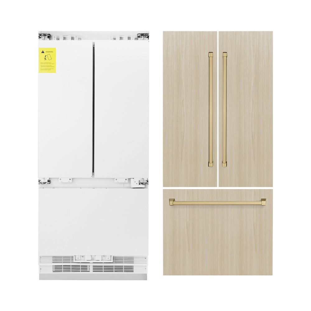 ZLINE Autograph Edition 36 Inch Panel Ready French Door Built-In Refrigerator - 19.6 cu ft Capacity, Bottom Freezer, Water Dispenser & Ice Maker - Champagne Bronze Accents (RBIVZ 36 CB) - Perfect for Modern Kitchens & Luxury Homes