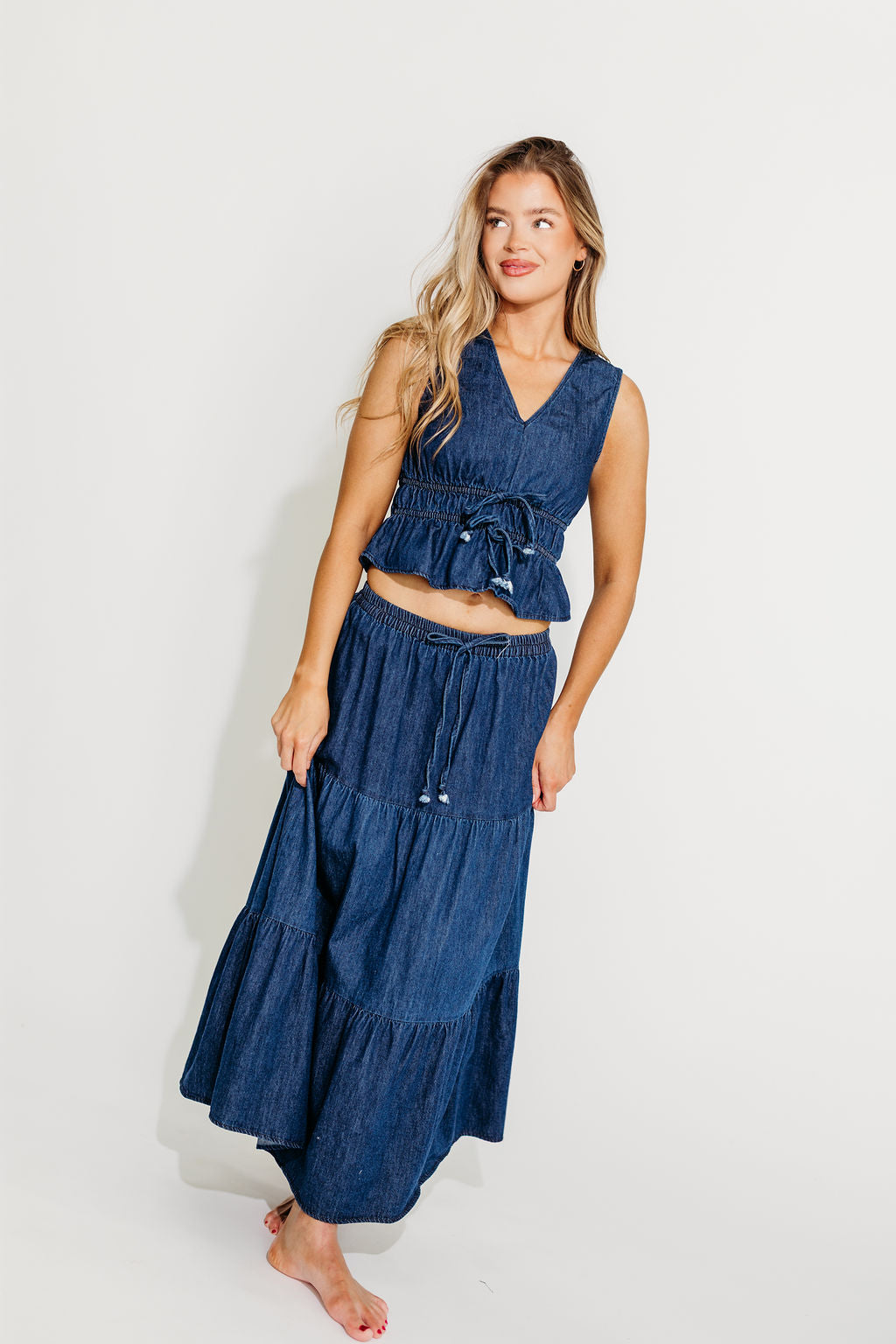 Noah Women's 100% Cotton Denim Peplum Top & Midi Skirt Set - Casual Outfit for Spring Summer | Perfect for Date Night, Office Wear & Weekend Brunch