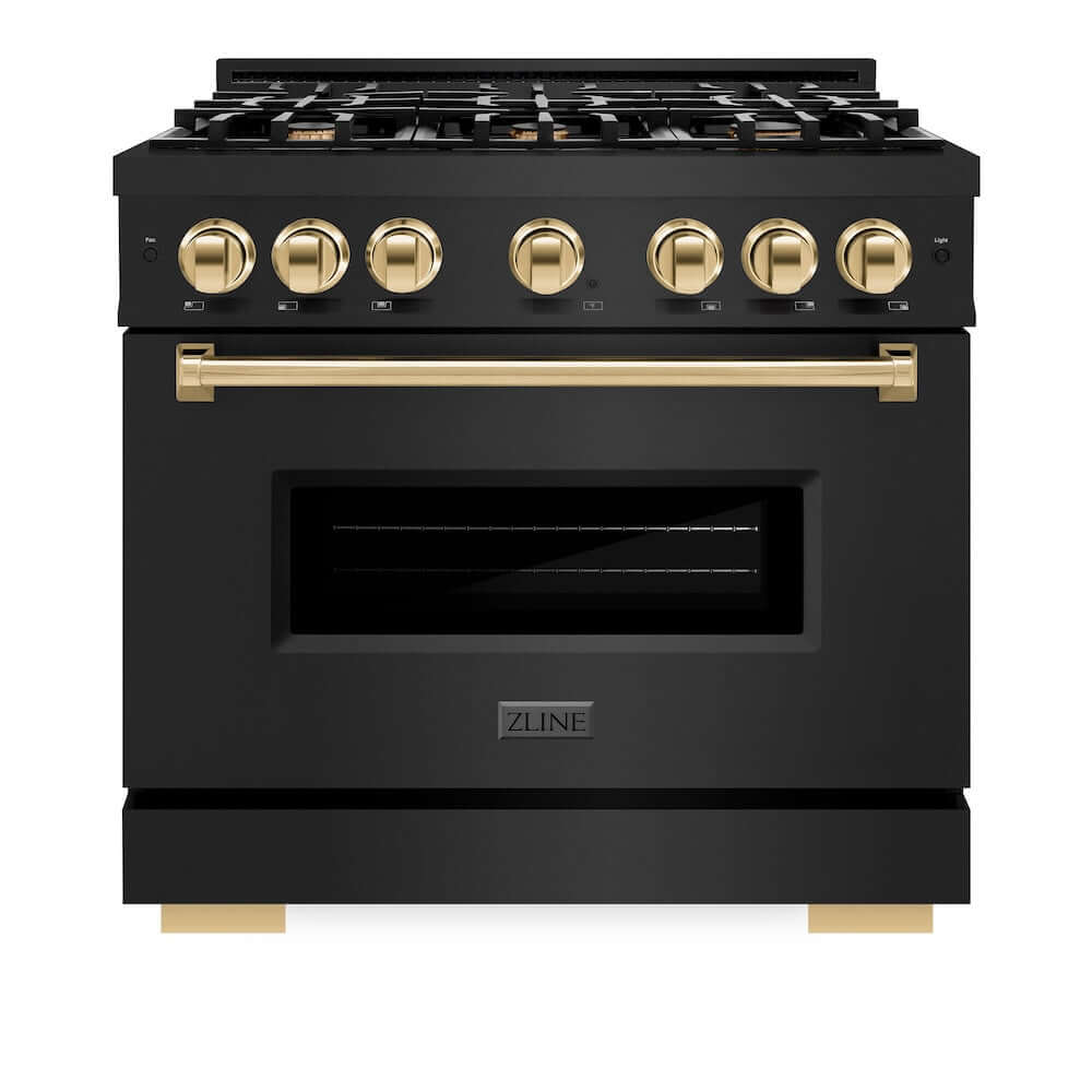 ZLINE Autograph Edition 36 Inch 5.2 Cu Ft Classic Gas Range with 6 Burner Cooktop & Convection Gas Oven - Black Stainless Steel with Polished Gold Accents (CGRBZ 36 G) | Professional Kitchen Appliance for Home Chefs & Cooking Enthusiasts
