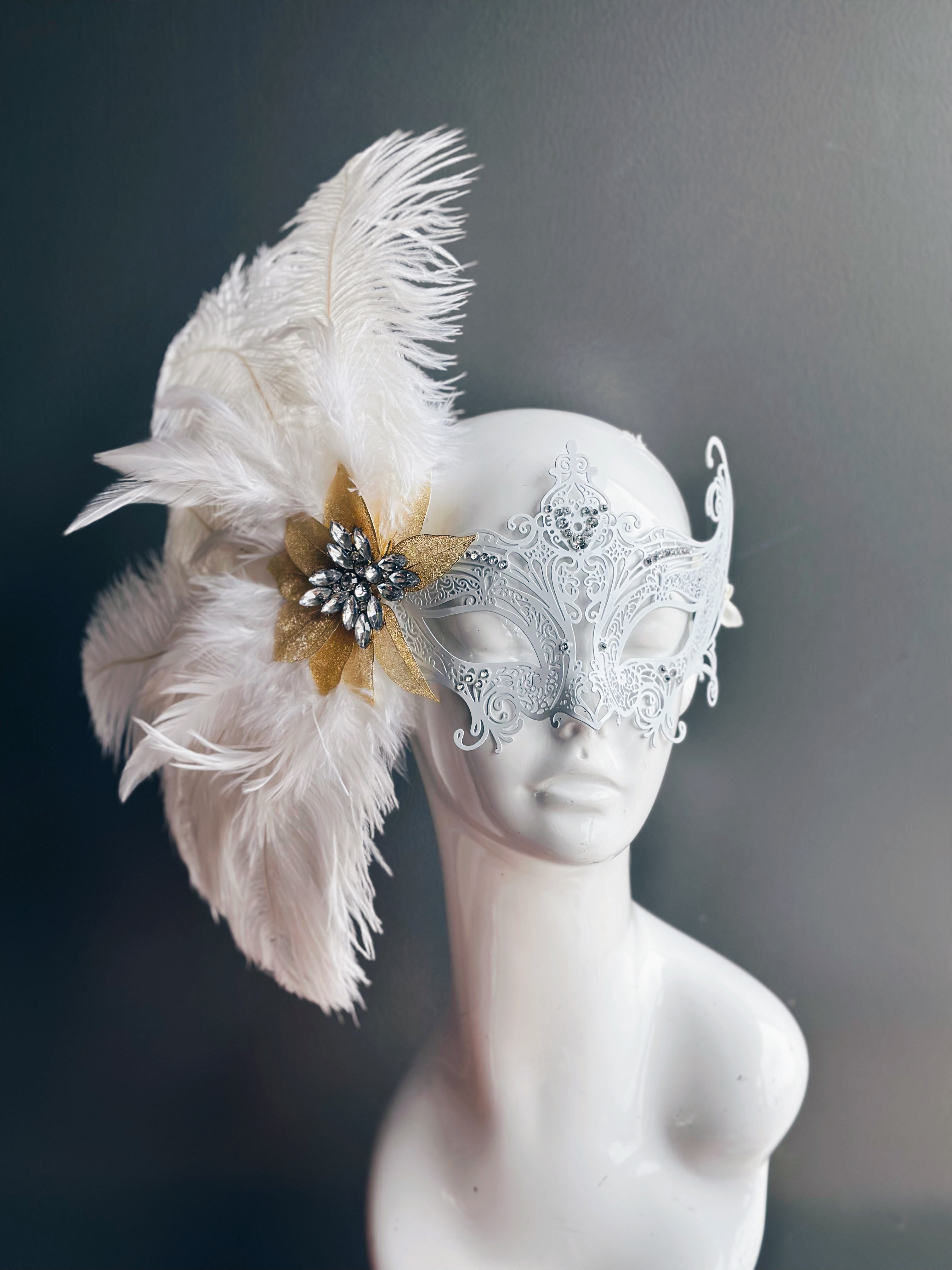 Frosted Gala White Feather Metal Mask - Elegant Venetian Style Masquerade Mask for Halloween, Mardi Gras, Costume Parties & Ballroom Dances