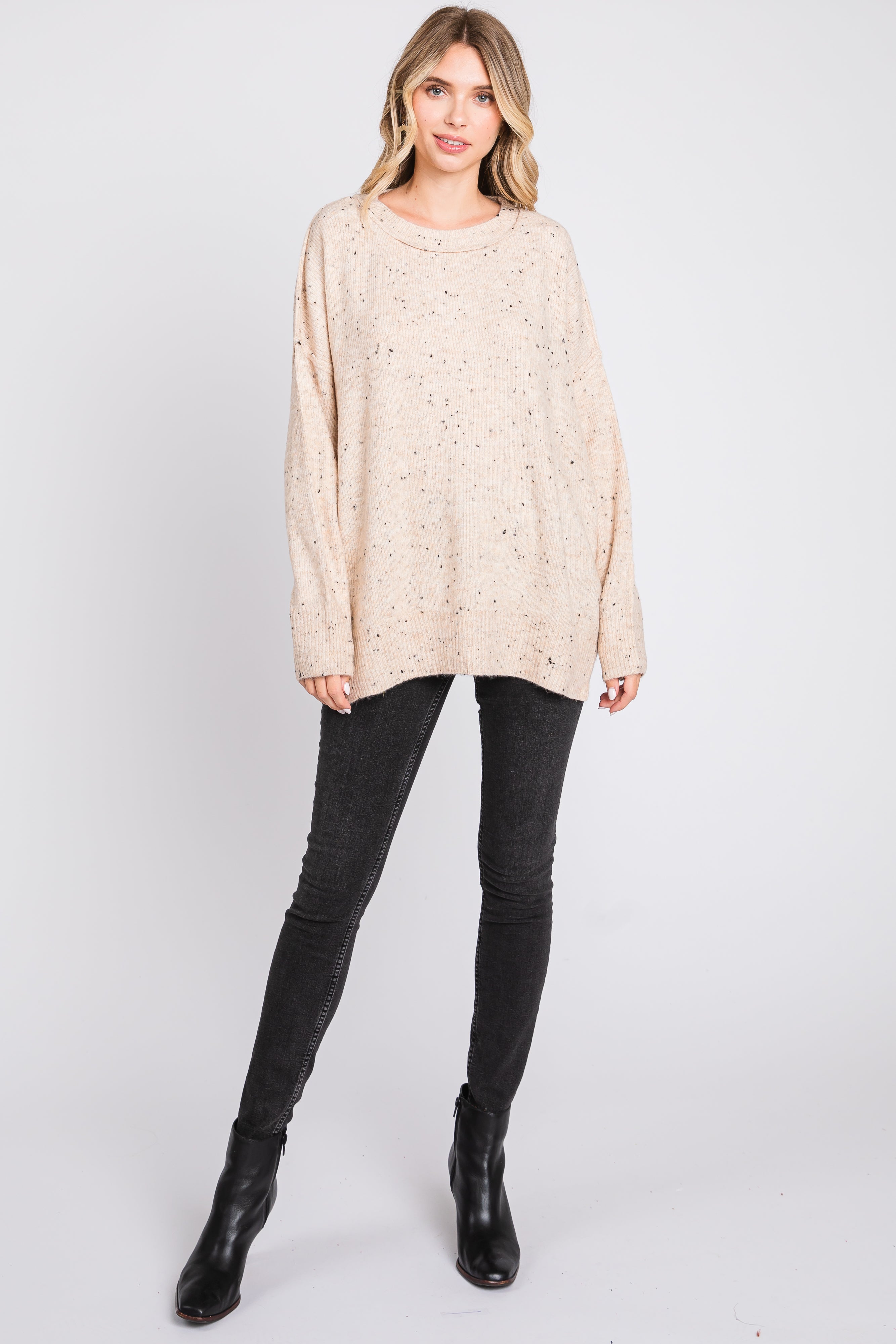 Cozy Beige Speckled Knit Sweater for Women - Soft Chunky Cable Knit Pullover - Perfect for Fall & Winter Outfits, Casual Wear and Coffee Dates