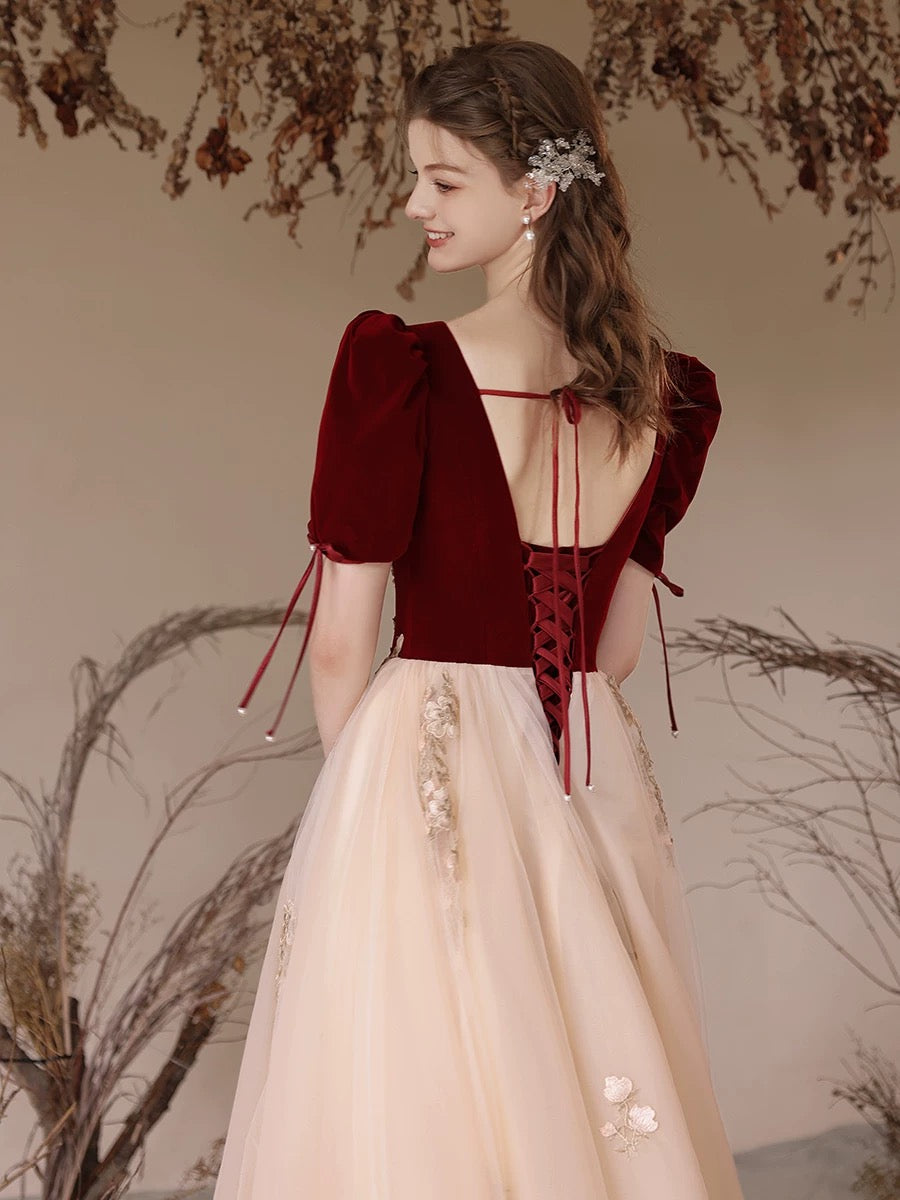 Elegant A-Line Velvet Tulle Lace Champagne Long Prom Dress for Women - Formal Evening Gown for Homecoming, Wedding, Ball Gown & Special Occasions