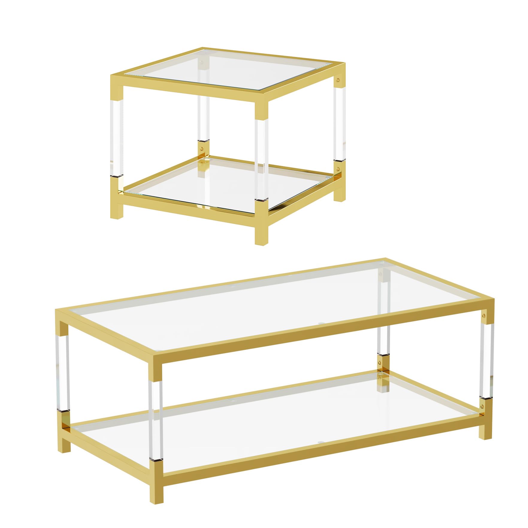 Premium 2-Piece Glass Coffee Table Set - 2-Tier Modern Living Room End Tables with Gold Frame & Clear Acrylic Legs for Apartment, Office & Lounge Decor | Perfect for Entertaining Guests or Relaxing with Coffee