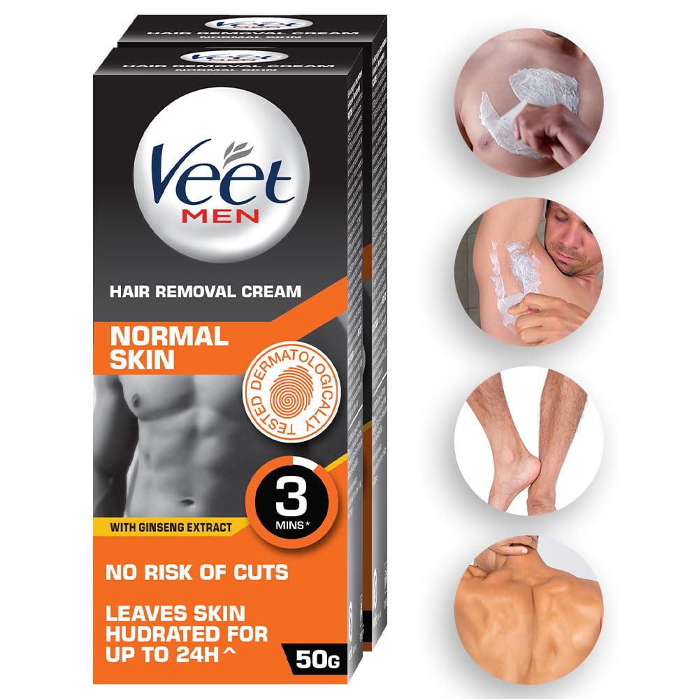Veet Hair Removal Cream for Men - Gentle & Effective Depilatory for Normal Skin, 50g x 2 Pack - Smooth Skin for Chest, Back & Body Hair Removal at Home