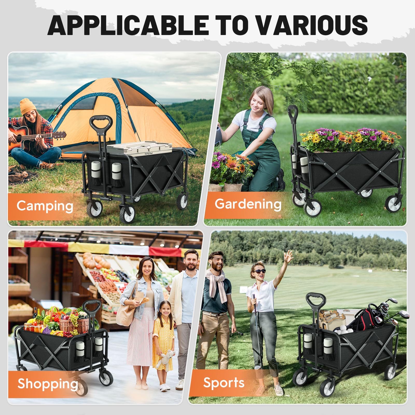 Foldable Utility Wagon Cart with Adjustable Handle - Heavy Duty Collapsible Grocery Cart on Wheels for Sports, Camping, Beach, Outdoor & Garden Use - Perfect for Shopping, Picnics, Tailgating and Family Outings (Black)