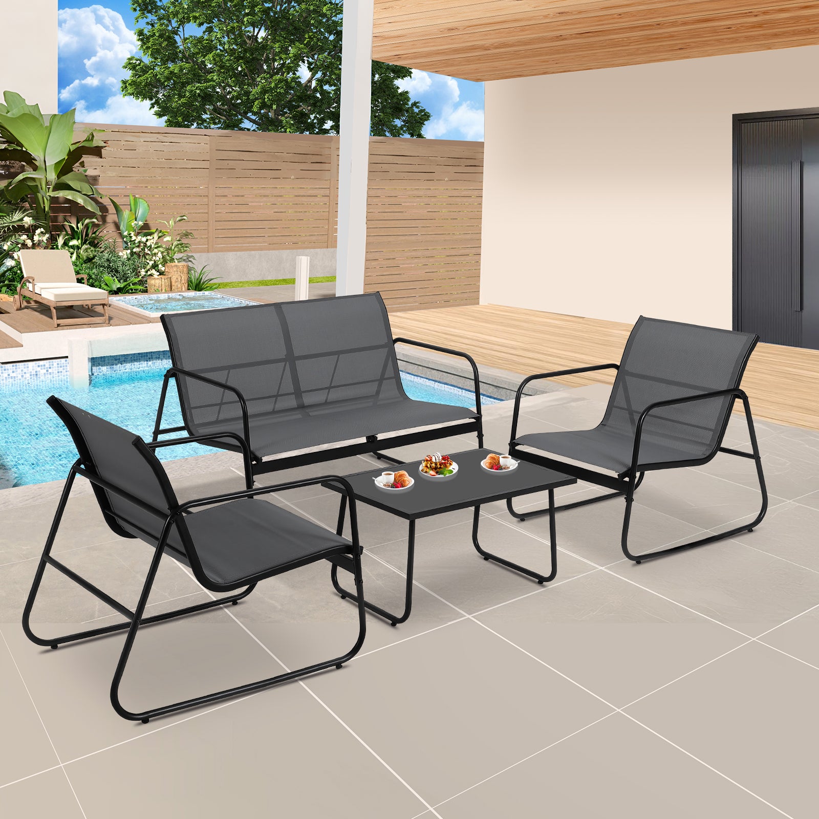 GARVEE 4-Piece Outdoor Patio Furniture Set with Glass Coffee Table - Heathered Grey Fabric & Black Frame - Perfect for Garden, Poolside, Lawn or Backyard Relaxation