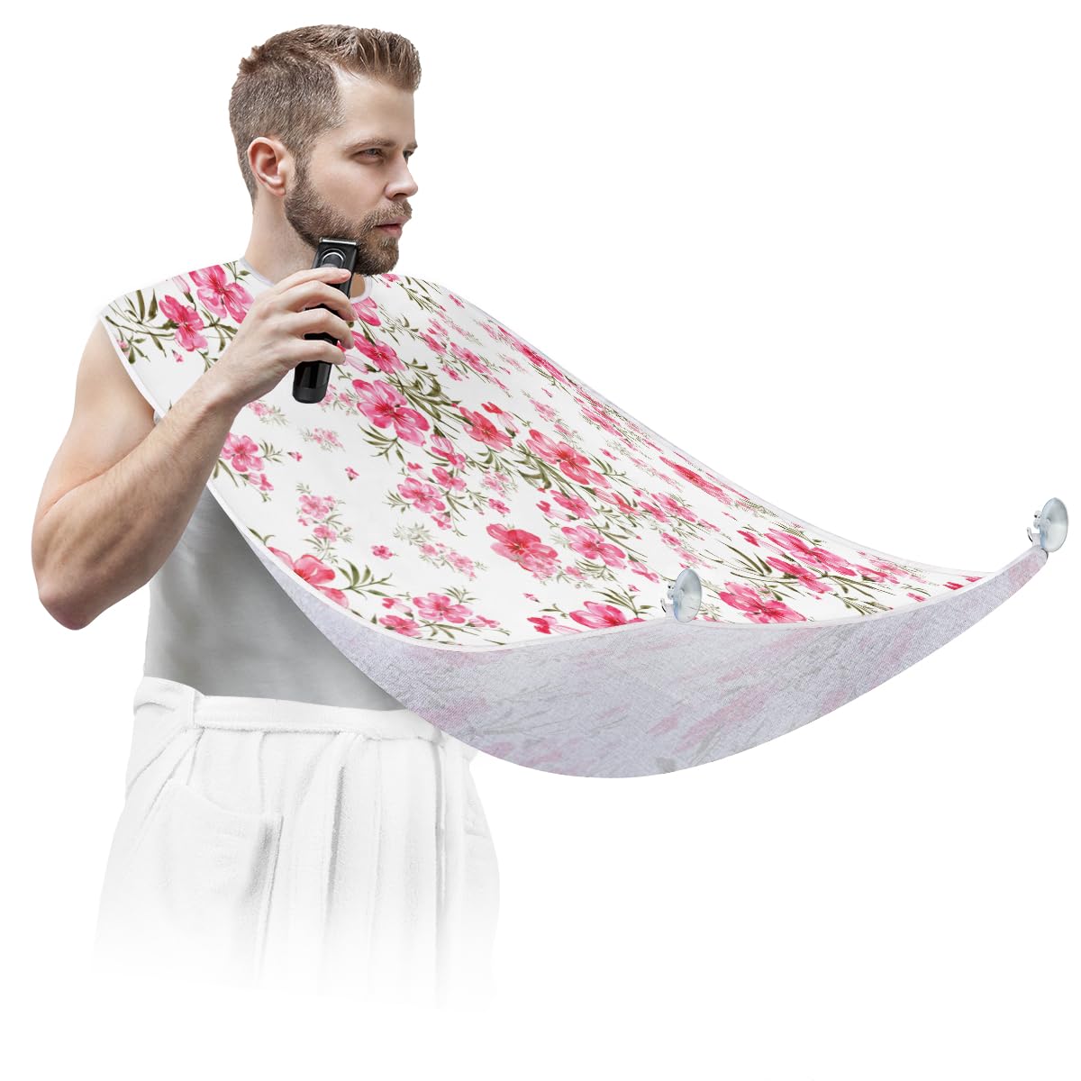 Waterproof Red Floral Beard Bib for Men - Non-Stick Shaving Apron with Suction Cups, Hair Catcher Cape for Grooming - Perfect Gift for Husband & Dad (Birthday, Father's Day) - Ideal for Home Barbering & DIY Trims