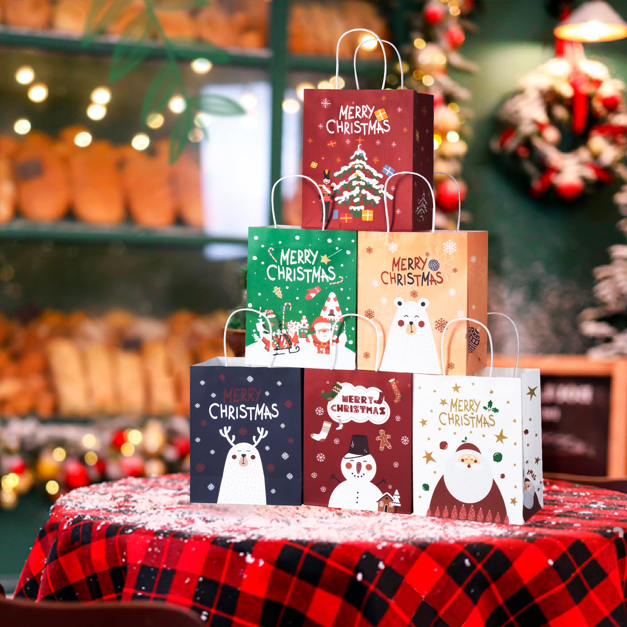 ILEBYGO 24 PCS Christmas Gift Bags - Large Kraft Paper Gift Bags with Handles, Assorted Holiday Designs for Xmas Party, School & Classroom Supplies - Perfect for Holiday Gifts, Stocking Stuffers & Teacher Appreciation