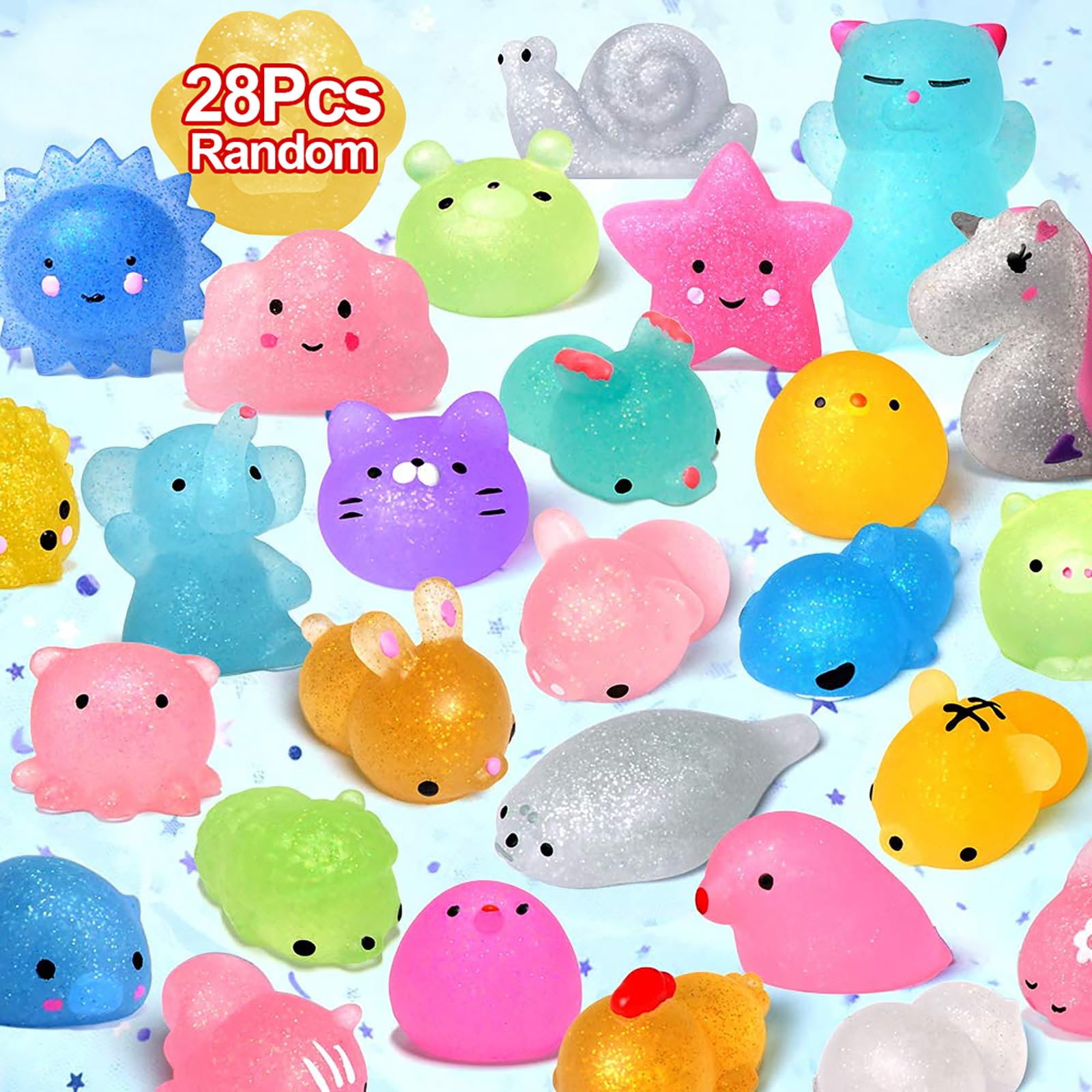 Glitter Mochi Squishy Toys 28pcs - Kawaii Stress Relief for Kids Gifts & Party Favors