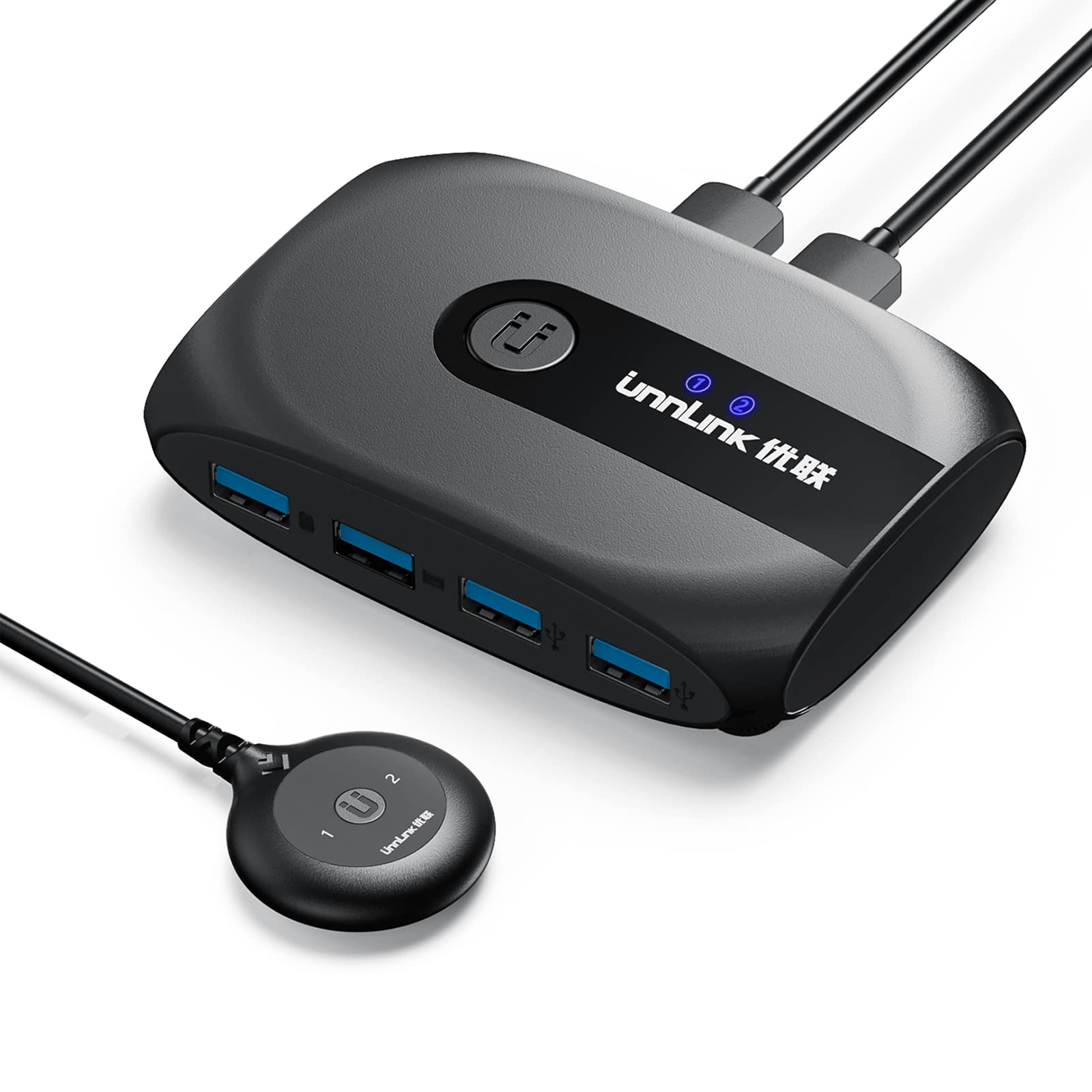 USB 3.0 KVM Switch Selector - 2 Port 4 Device Sharing Hub for Mouse, Keyboard, Printer & Scanner - One-Button Swapping Adapter for Home Office & Gaming Setup