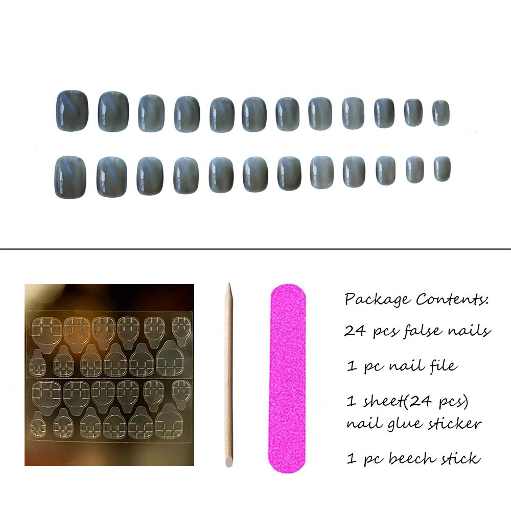 24Pcs Glitter Cat Eye False Nails - Short Square Press on Nails with Glue & Stickers - Blue Glossy Full Cover Fake Nails for Women & Girls - Perfect for Parties, Weddings, and Special Occasions