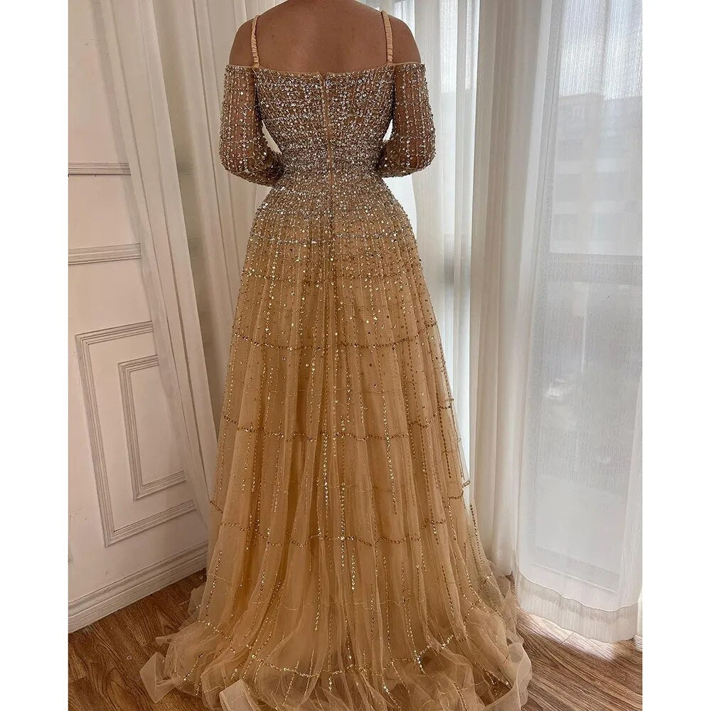 Serene Hill Champagne Luxury Sexy Evening Dresses 2025 - Elegant Long Sleeves Beaded Gowns for Women - Perfect for Prom, Gala & Formal Parties (LA70292)