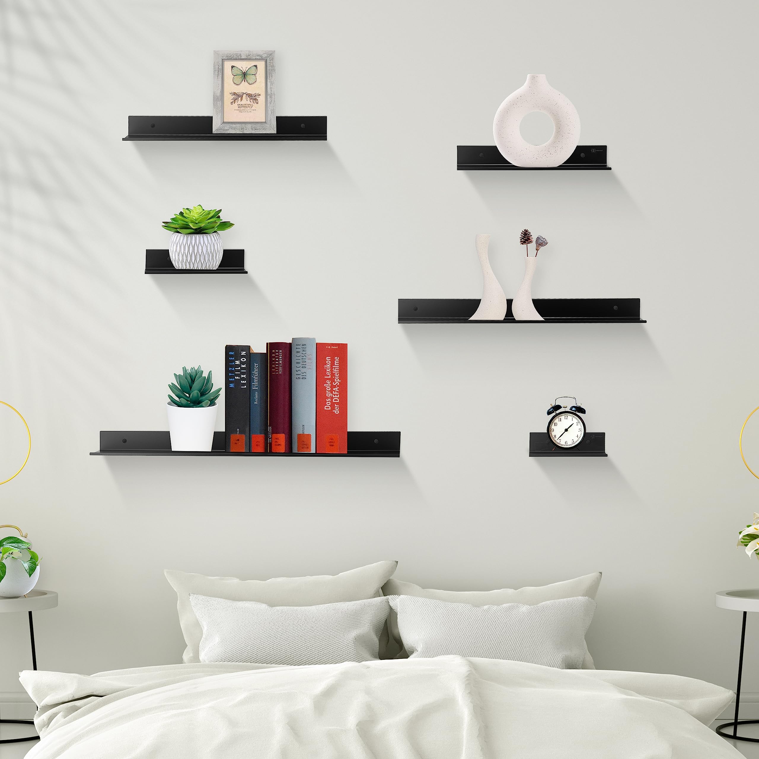 Metal Small Decor Shelves - Mini Floating Wall Shelf for Smart Speakers & Collectibles, Aluminum Wall Mounted Display Shelf, Matte Black, 12x5 Inches, 1ft Wide (2 Pack) - Perfect for Bedroom, Office & Living Room Organization
